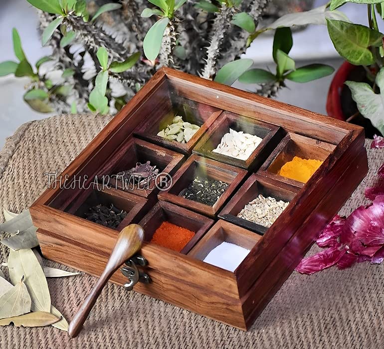 THEHEARTWILL® Premium Spice Box With 2 Spoon (Sheesham Wood) Spice Box For Kitchen/Masala Box For Kitchen/Masala Wooden Box For Kitchen/Decorative Handmade Masala Dabba Organizer. (9 CONTAINERS) (B0C383HM72) Amazon Price History, Amazon Price Tracker