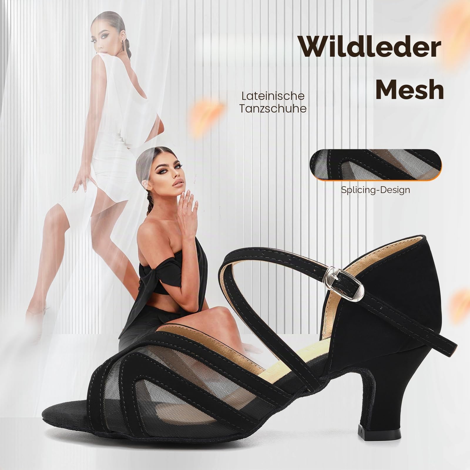 Damen Tanzschuhe Latein Leder Bequem Schwarz mit 5cm Absatz Offen Tanzschuhe