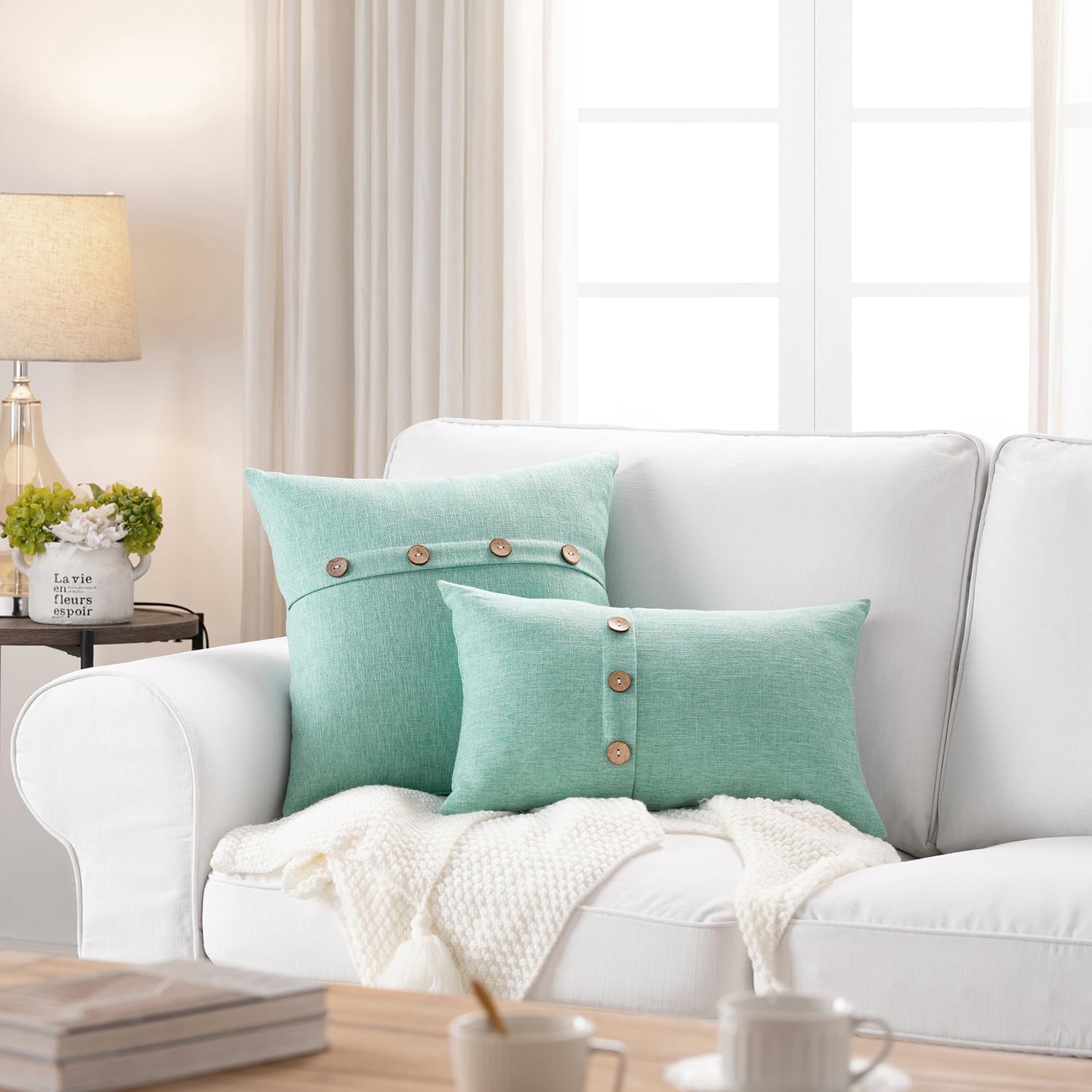 Meekio Set of 2 Aqua Green Pillow Covers 18 x 18 Linen Pillow Covers with Coconut Buttons Farmhouse Décor Housewarming Gifts - Image 2