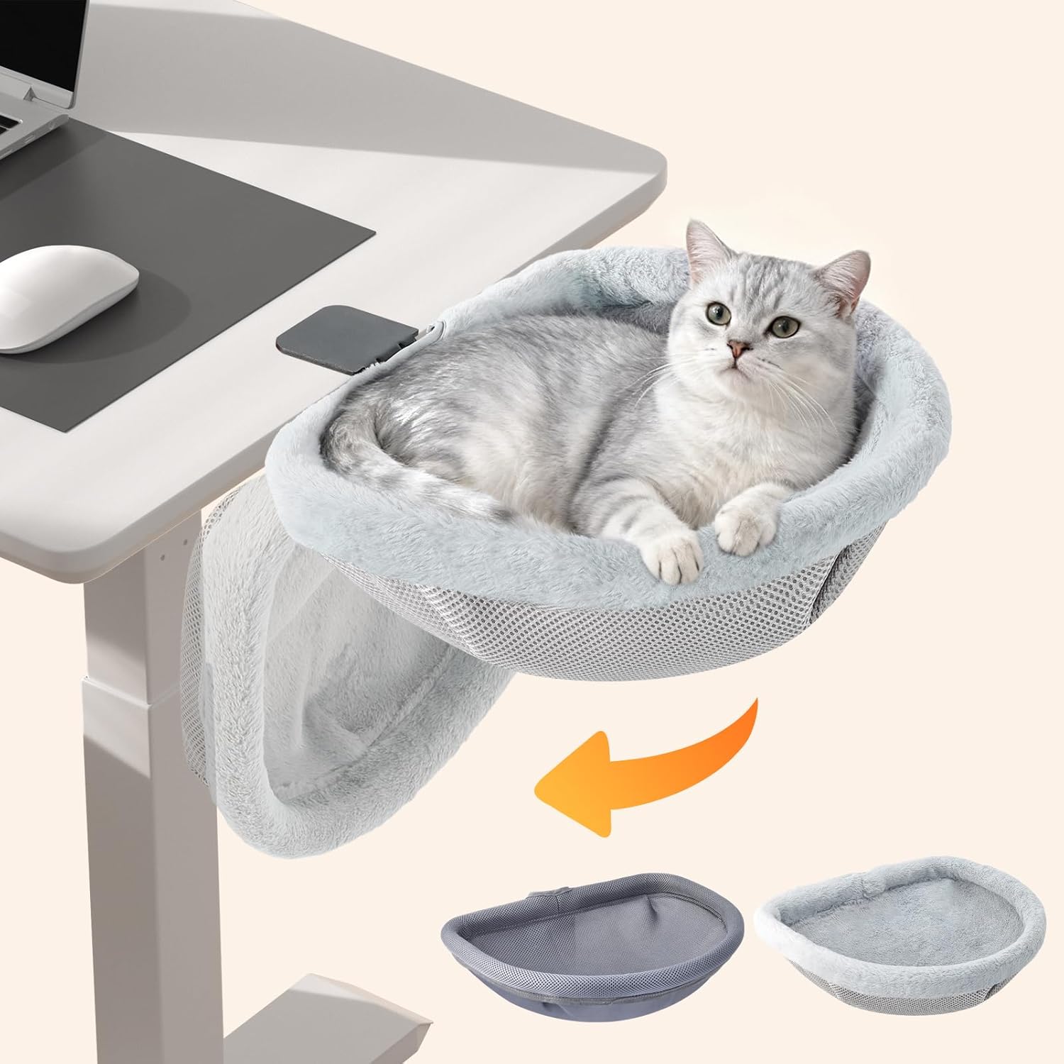 Cat Desk Bed with 2 Nests, One-Click Folding & Hanging Desk Cat Bed Attachment with Washable Winter & Summer Dual Nests, Cat Hammock Supports Large Cats up to 33lbs, Light Grey