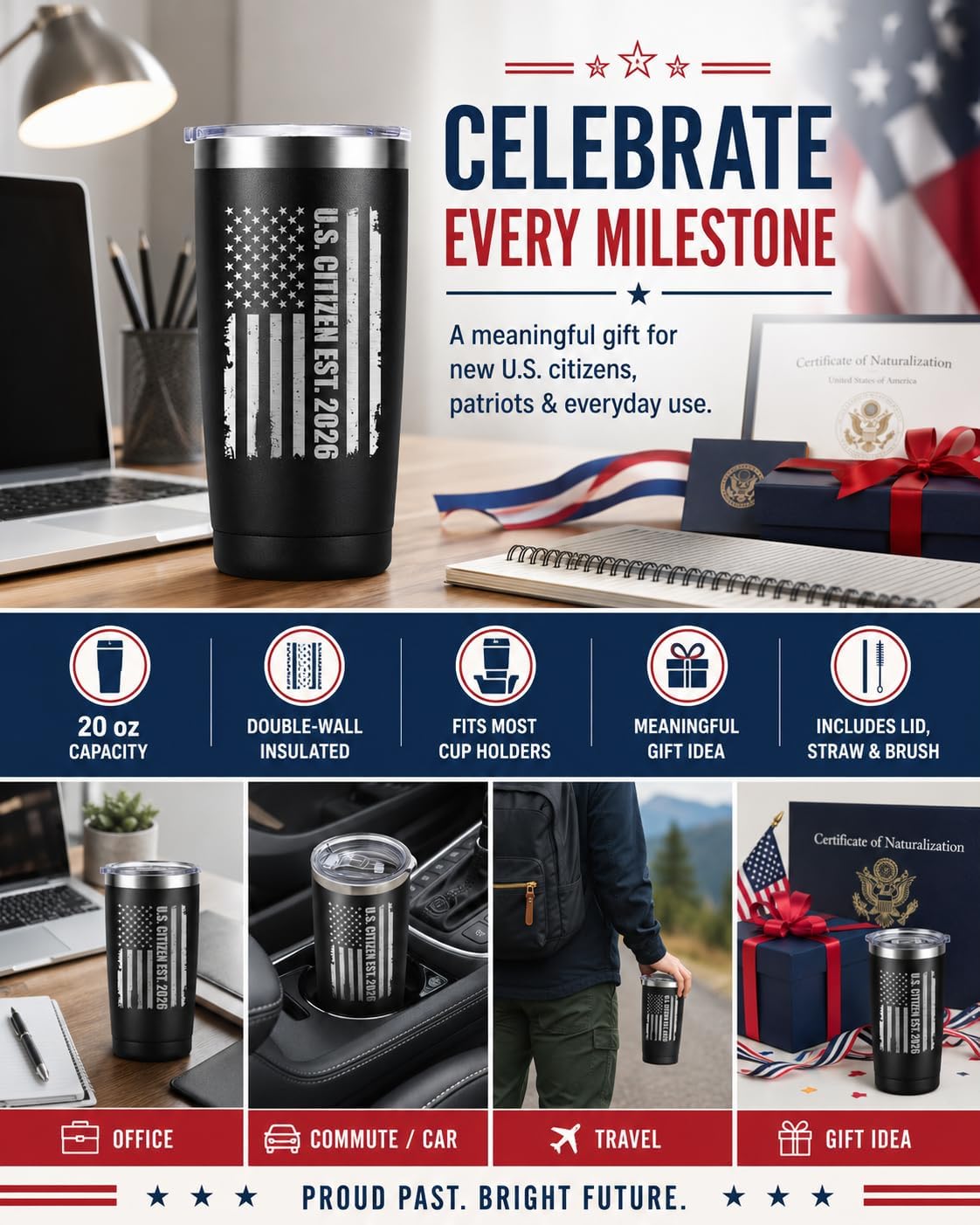 Us Citizenship Gifts - 2026 American Citizenship Gifts Party Decoration - New US Citizen Gift 20oz Stainless Steel Insulated Laser Engraved Tumbler, Black image 5