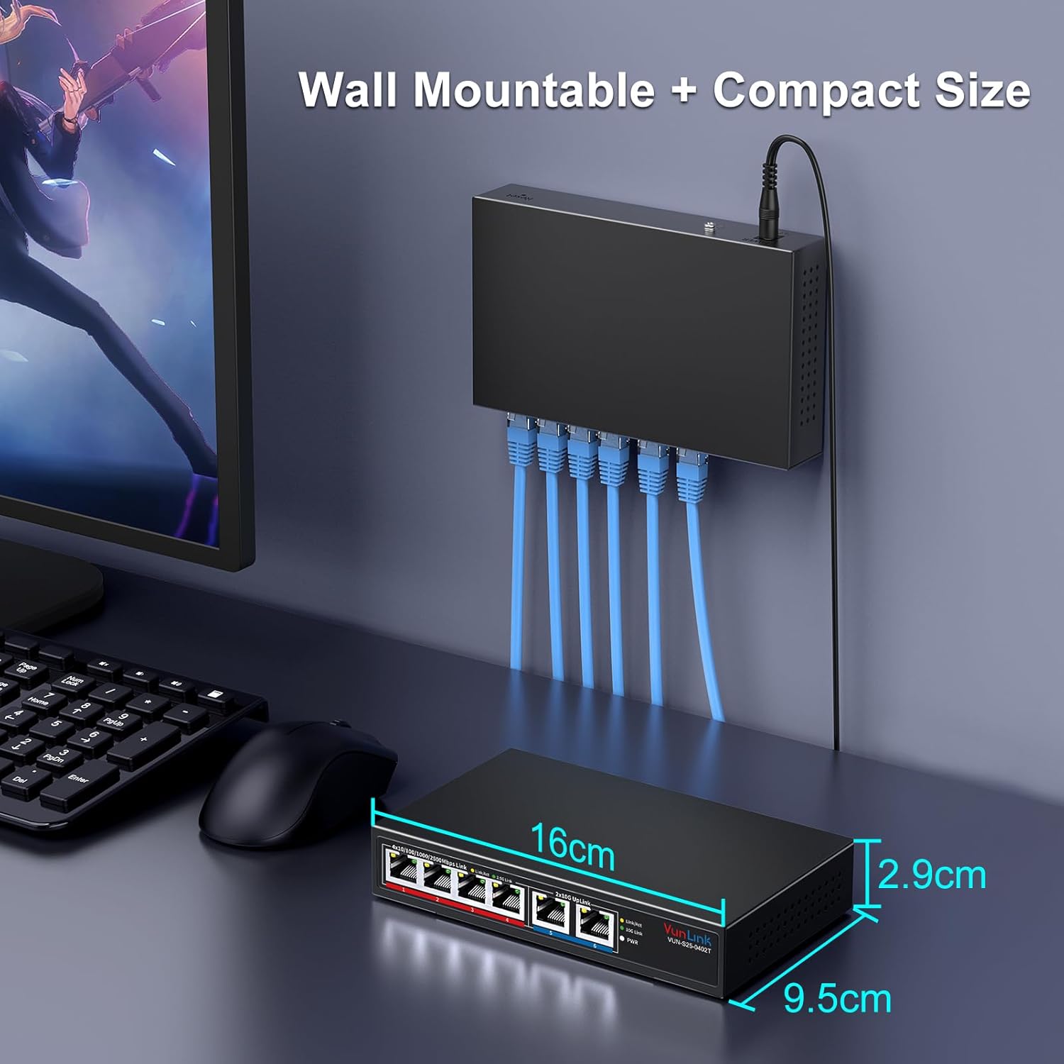 10Gb Ethernet Switch with 4 x 2.5GbE + 2 x 10GbE RJ45 Ports, VunLink 6 Port 10G/2.5G Multi-Gigabit Unmanaged Network Switch, Plug and Play, Fanless, Desktop/Wall-Mount, for Wireless AP, NAS, PC, Home