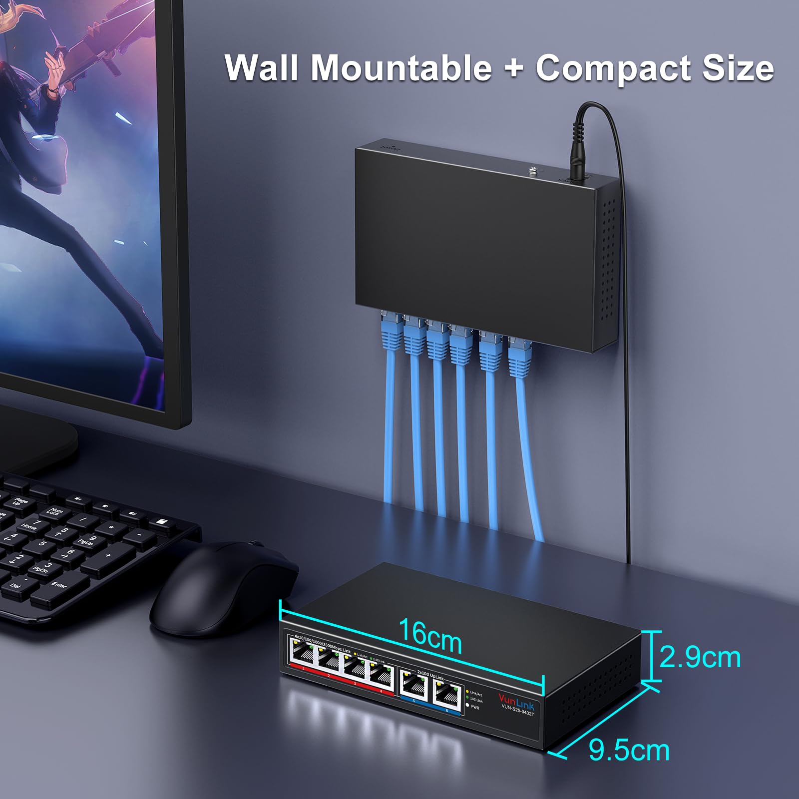6-Port Multi-Gigabit Ethernet Switch, 4×2.5G + 2×10G High-Speed Ports, Unmanaged 10G/2.5G Netzwerk-Switch für Zuhause & Büro, Plug & Play, Desktop/Wandmontage, leises lüfterloses Metalldesign