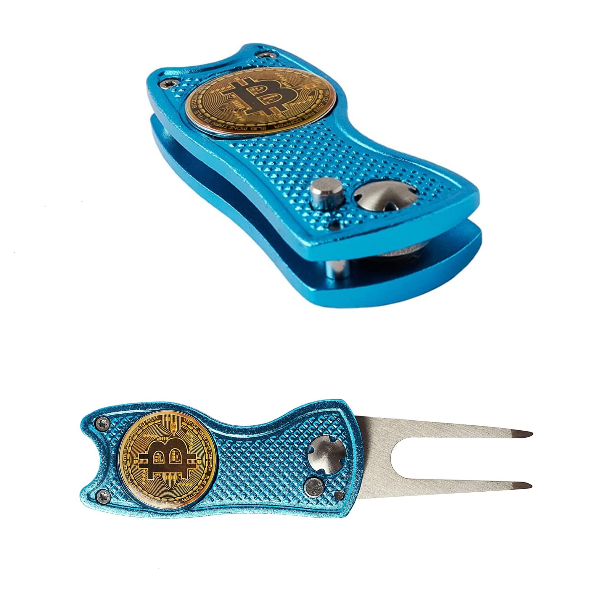 HODL 21Bitcoin Golf Divot Repair Tool, All-Metal Golf Accessories - 3- in-1 Golf Multitool (Divot Tool, Ball Marker, Club Holder) | Foldable with with Pop-up Button & Magnetic Ball Marker