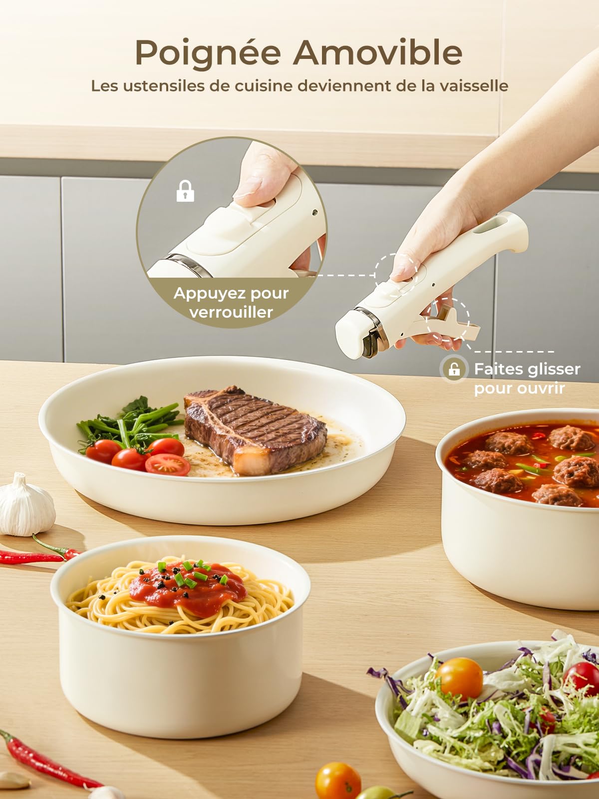 FOHERE Set Poêles et Casseroles Induction Céramique Antiadhésif 8 Pièces | Avec 2 Poignées Amovibles et 2 Couvercles, Poêles 20/28 cm, Casserole 16/20 cm, Tous Feux Y Compris Induction, Aluminium