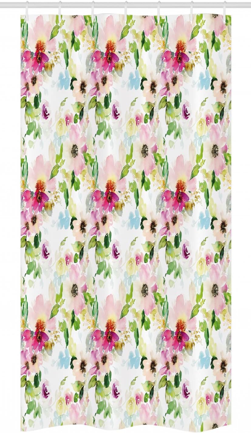 Ambesonne Floral Stall Shower Curtain, Spring Season Flowers Leaves Pastel Watercolors Hand Painted Vintage Romantic, Fabric Bathroom Decor Set with Hooks, 36" W x 72" L, Pink Purple Green