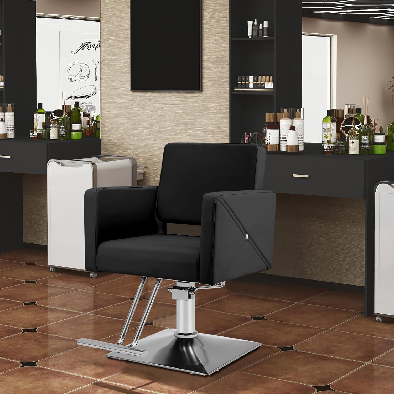 Poltrona da Parrucchiere Sedia da Barbiere,Girevole a 360°,per Parrucchiere Salone di Bellezza Tatuaggi (Nero-1) - 2