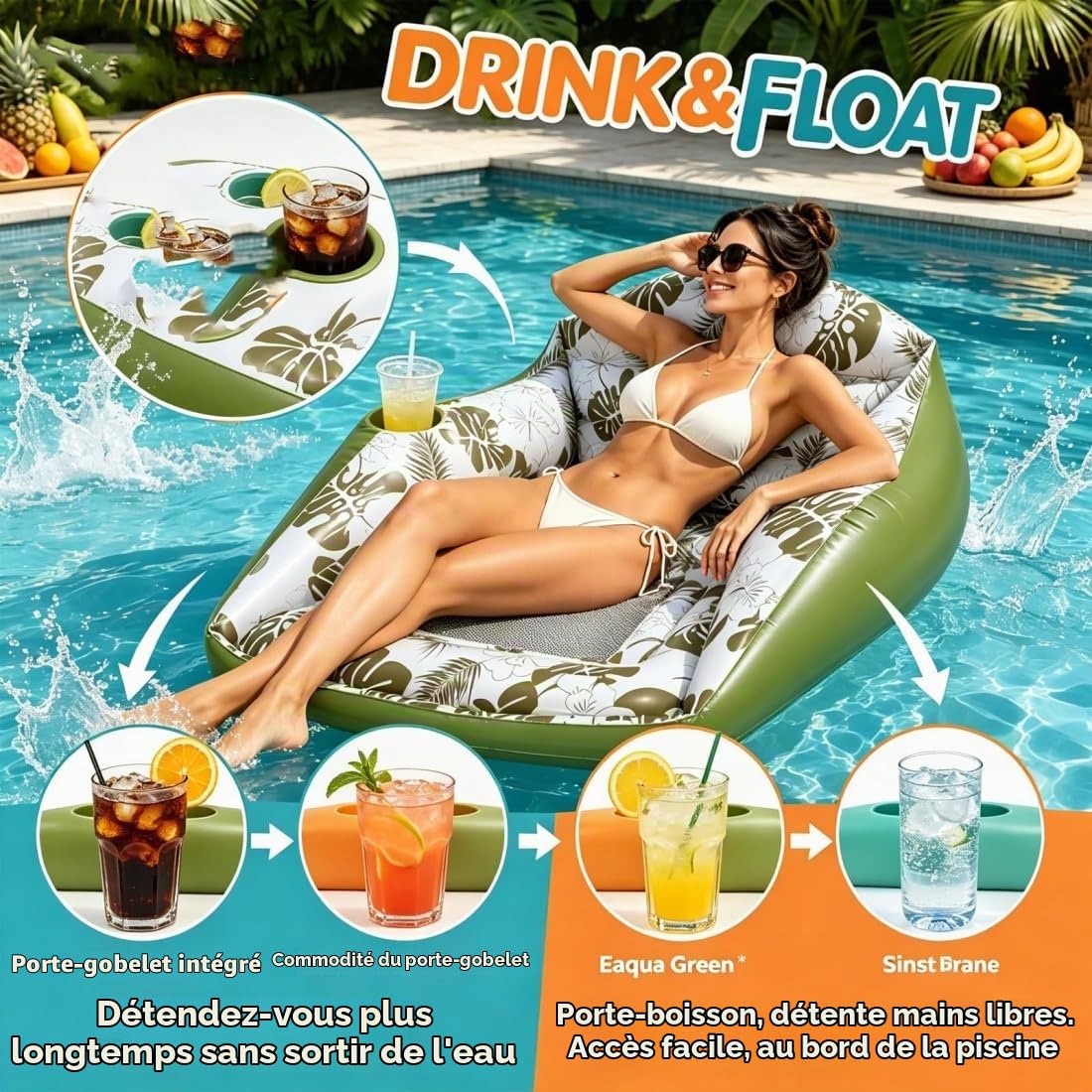 Fauteuil Gonflable Piscine 3-en-1 Adulte, hamac Flottant en U avec Porte-gobelet et siège Filet pour Piscine, lac, Plage et Vacances