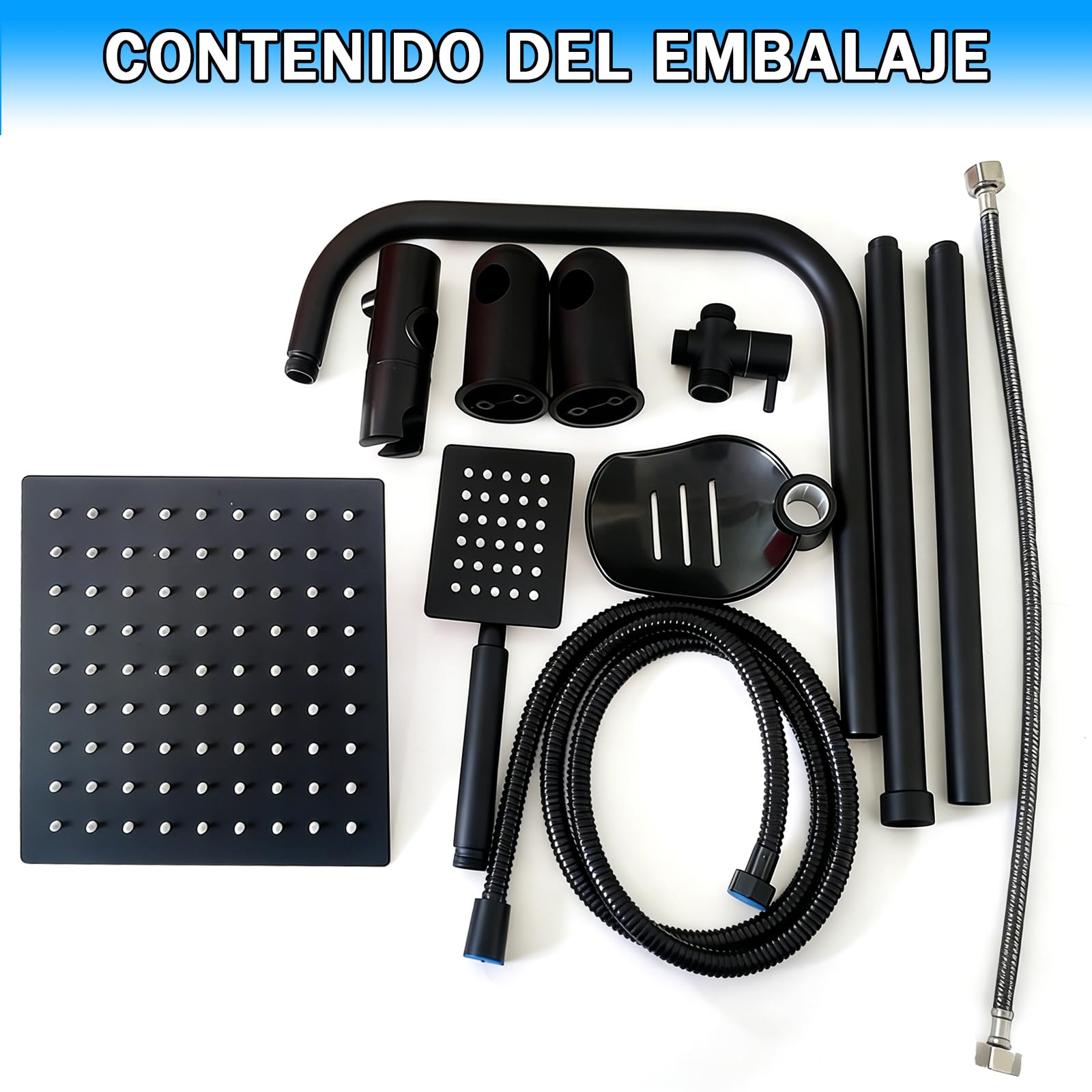 Columna Ducha Senza Miscelatore, Kit Completo Ducha con Rociador Ducha 20×20 cm Cuadrado y Ducha de Mano y Manguera, Acero Inox, Regulable 92cm, Duchas de Baño Columna