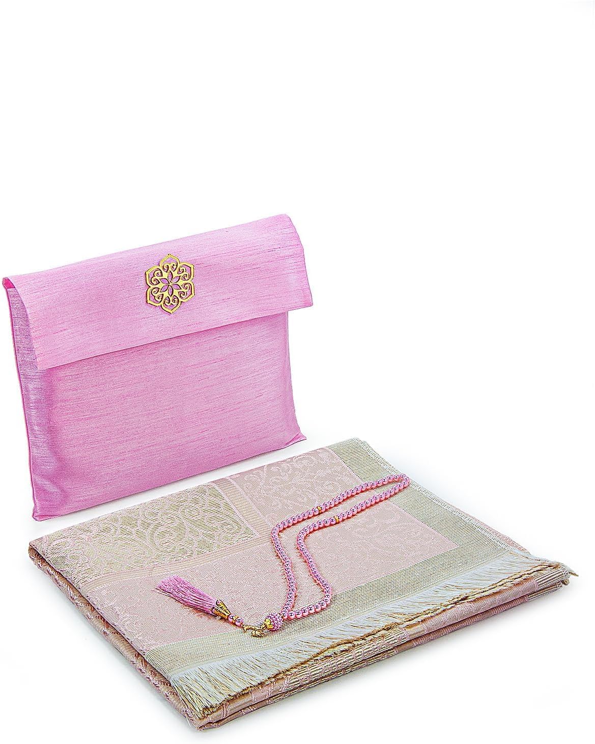 ihvan online Muslim Prayer Rug with 99 Beads Tasbih & Travel Bag, Soft Taffeta Sajadah, Lightweight & Foldable Janamaz, Portable Prayer Mat, Islamic Gift for Eid, Ramadan, Hajj & Umrah, Pink