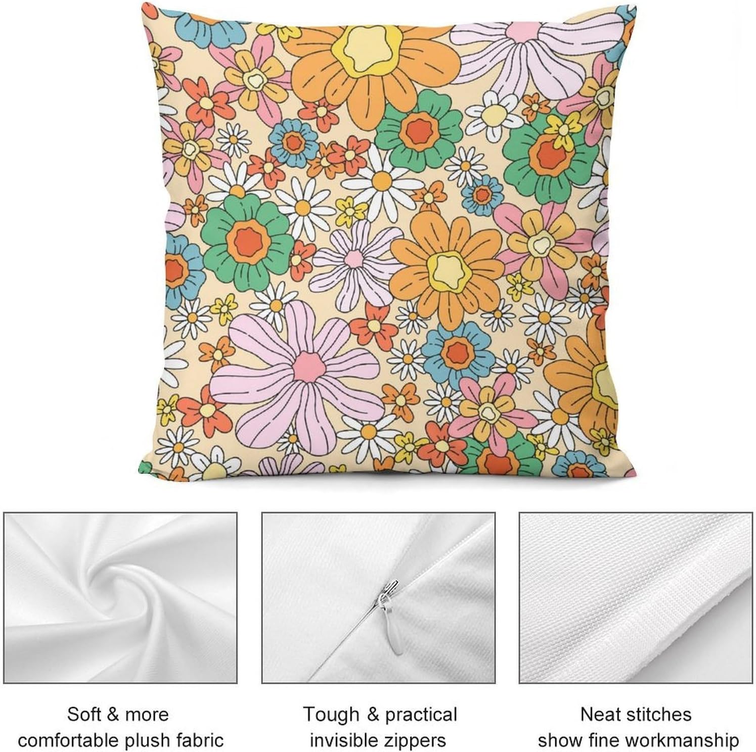 Retro Floral Throw Pillow Cover, 70s Orange Groovy Funky Hippie Cute Boho Flower Vintage Square Pillowcase Cushion Case for Home Sofa Couch Indoor Outdoor 20 "x20,Set of 2