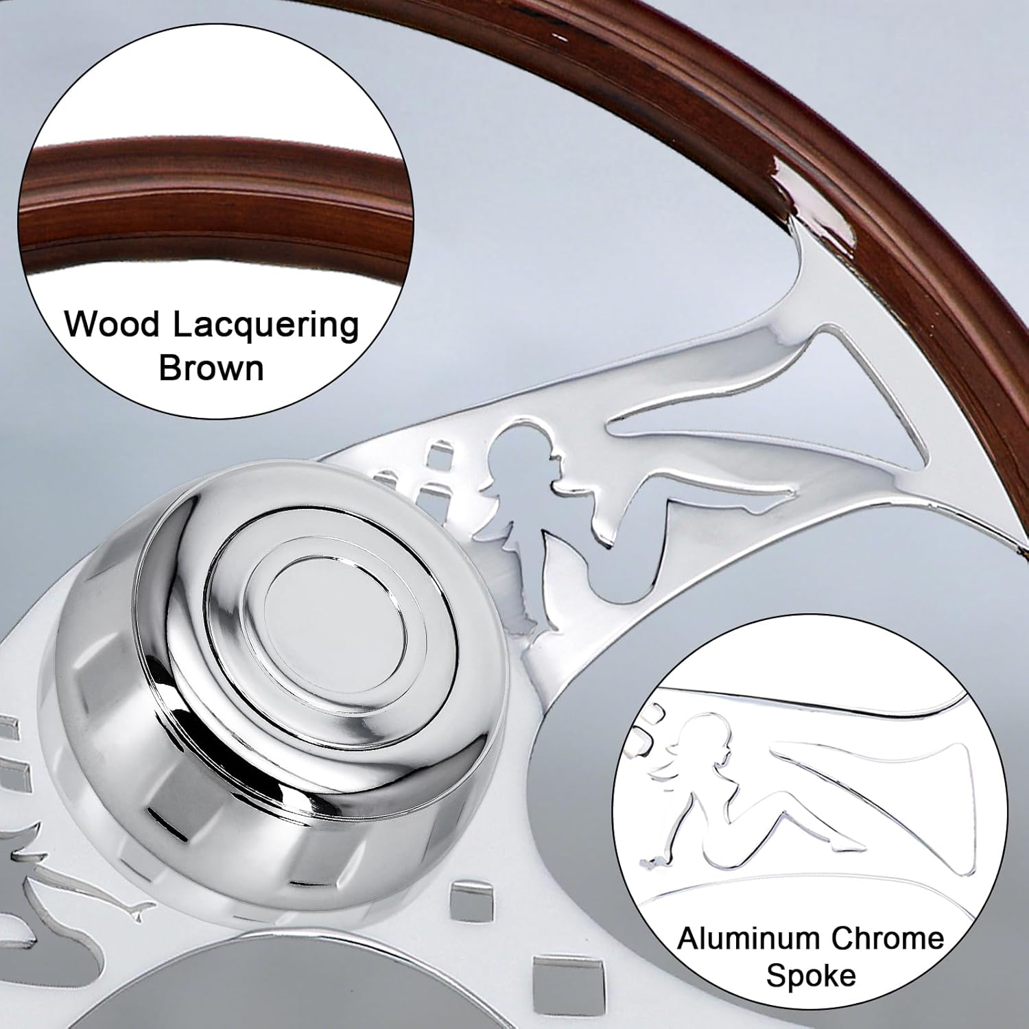 Sorghum 18" Solid Wood Steering Wheel - 3 Spokes Aluminum Chrome Classic Steering Wheel with Horn Button for Trucks Compatible with Mack Kenworth Peterbilt Volvo Freightliner-Girl Pattern