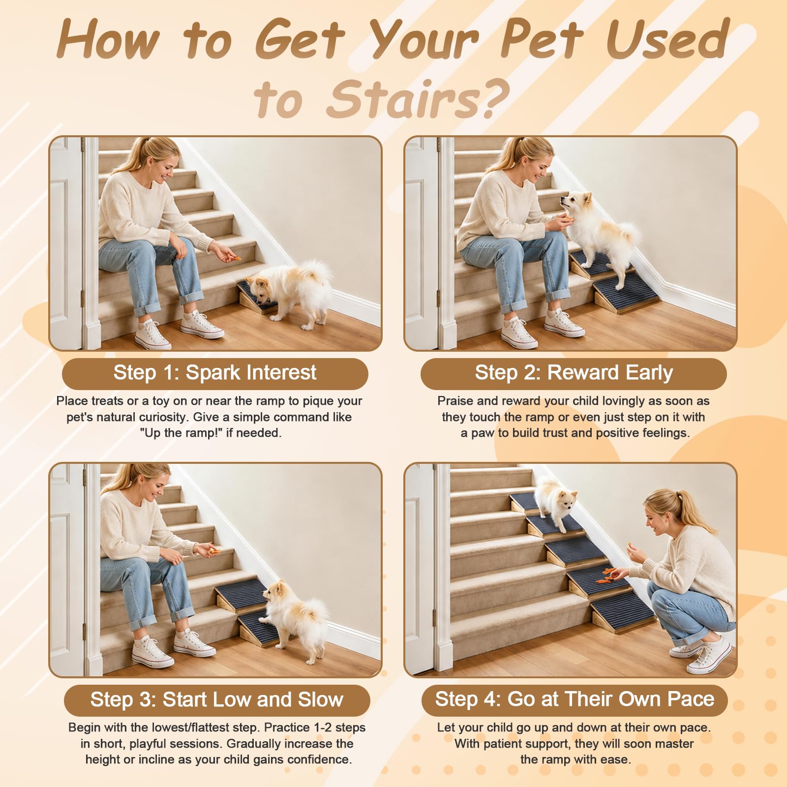 Hunderampen für Treppen, verstellbare Haustiertreppe für Hunde mit Teppichoberfläche, Niedrigem Winkel Hundetreppe mit Fußpolstern für kleine Hunde und Haustiere (3er-Pack)