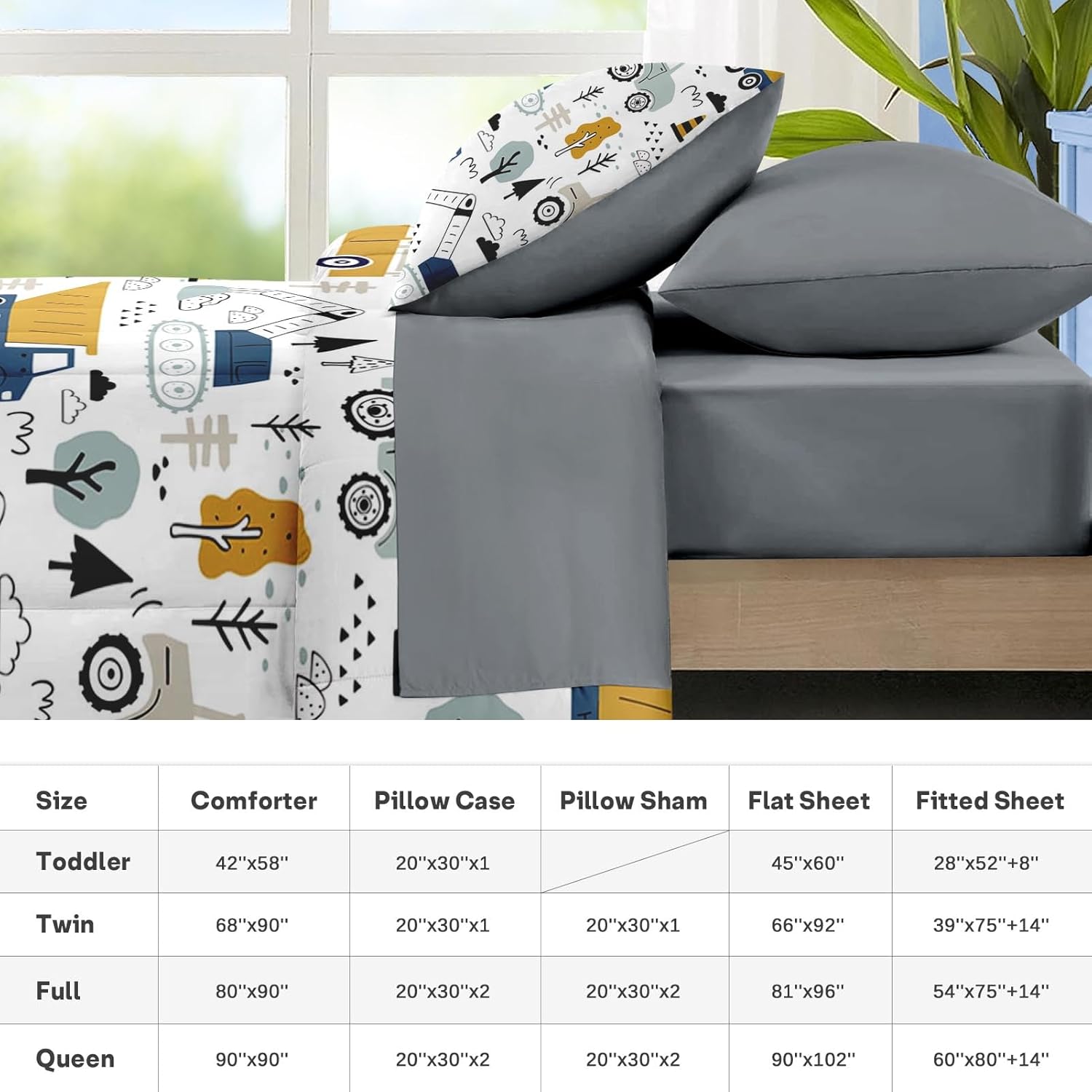 Nesker 4 Pcs Comforter Set Toddler Size, Construction Vehicles Bedding for Kids Teen, Cargo Crane Bulldozer Excavator Bed Sheet with Pillowcase & Sham - Image 7