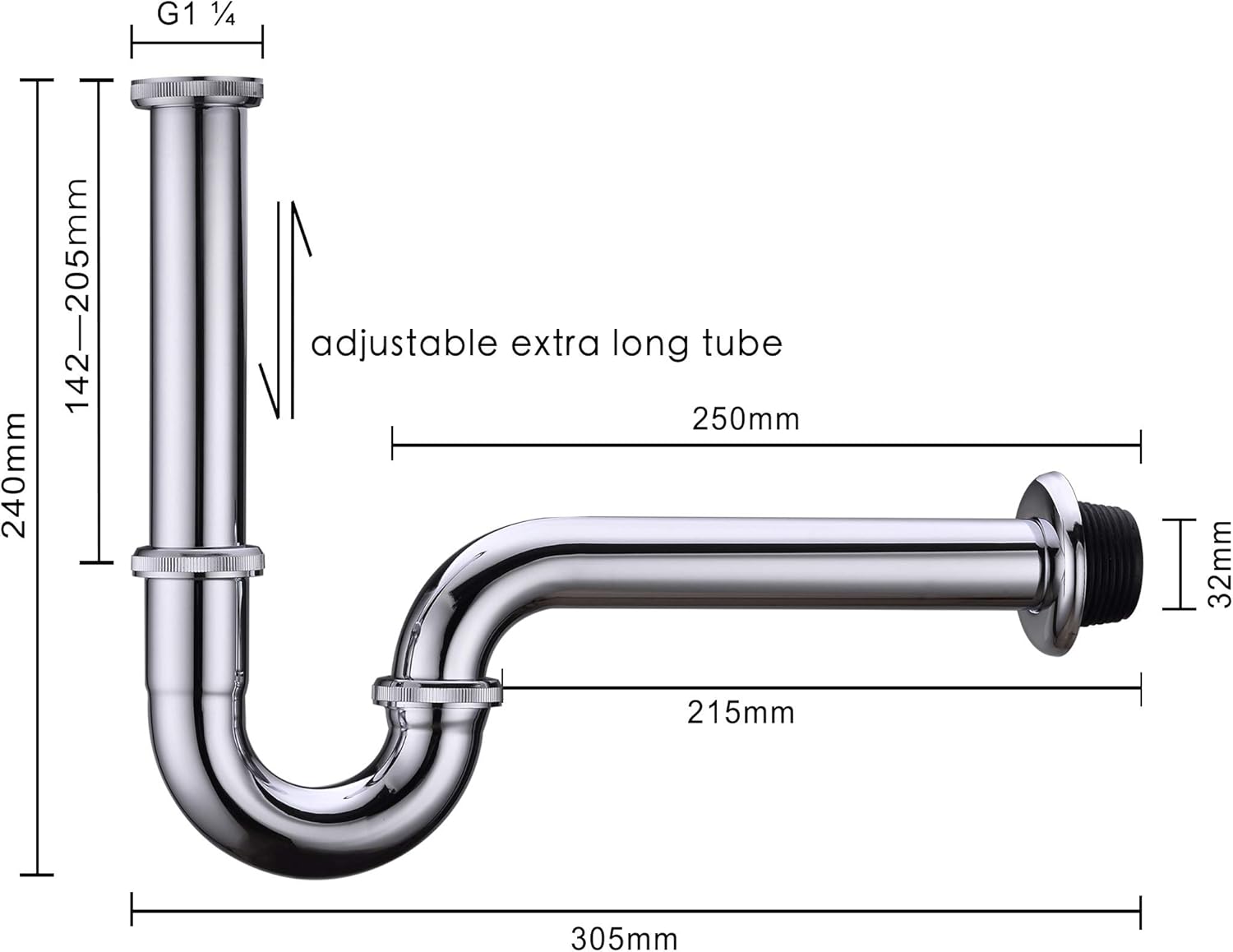 Chrome Brass Adjustable Height Bathroom Sink P-Trap Kit