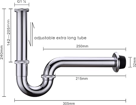 Brass P Trap, 1 1/4 Bathroom Basin Sink Waste Trap Drain Kit with Flange and Slip Joint Extension Tube Drain Tailpiece, Adjustable Height, Polished Chrome