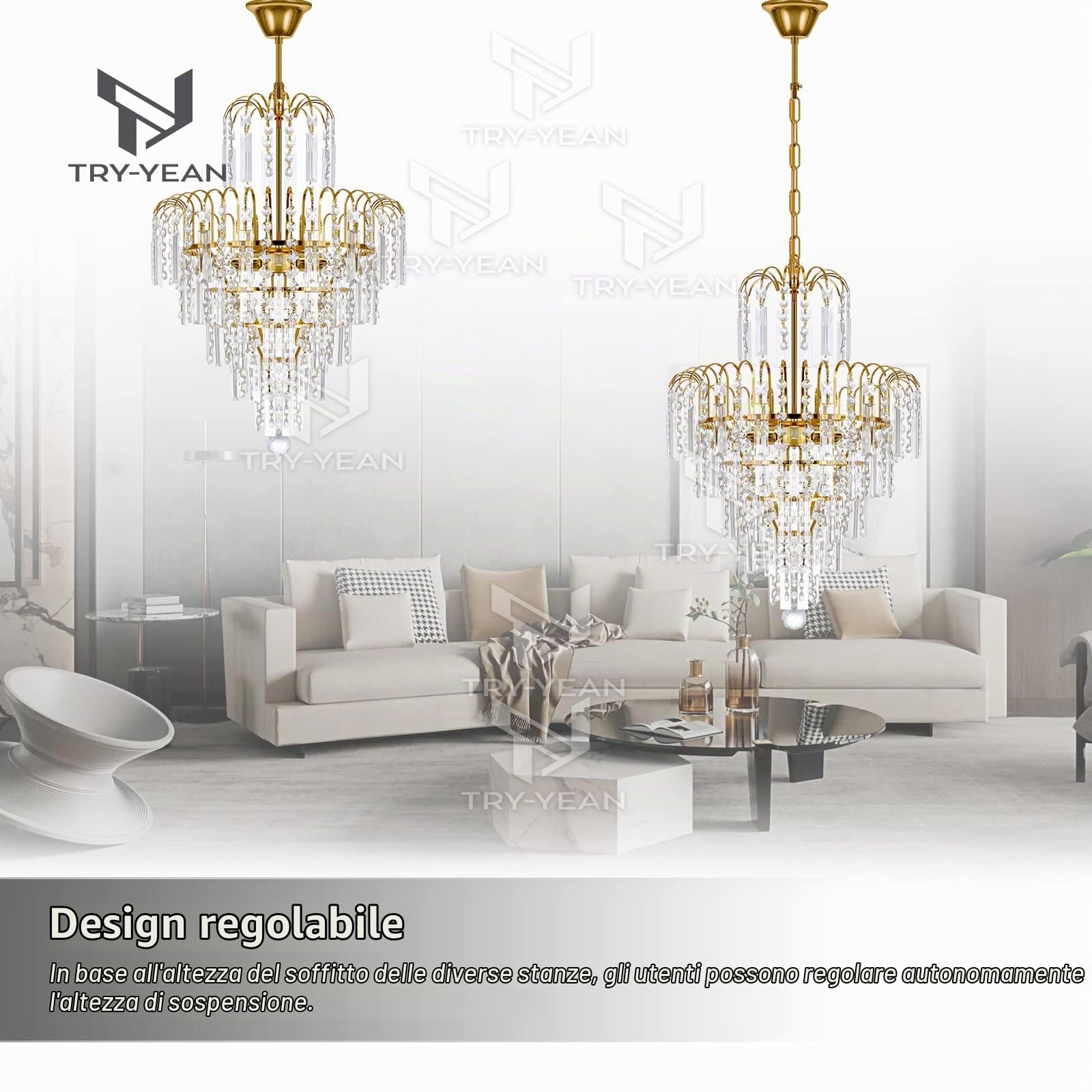 Lampadario in Cristallo Dorato Moderno 6 Livelli 4 Luci Plafoniera da Incasso per Camera da Letto, Soggiorno, Cucina, Hotel