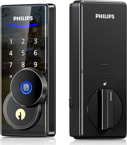 Philips Cerradura de puerta de huellas dactilares, pantalla táctil, teclado digital con llaves, entrada biométrica electrónica sin llave, bloqueo
