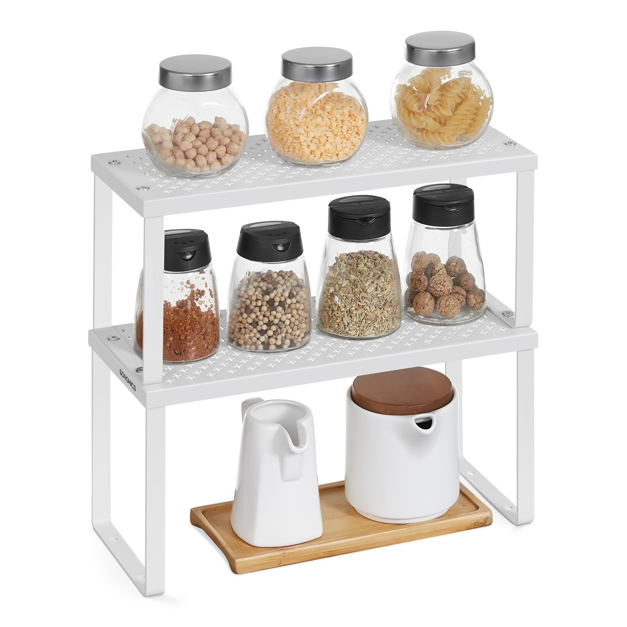 Songmics White Spice Racks, Set Of 2 Cupboard Organisers, Kitchen Storage, Stackable, Expandable, Metal Counter Shelves, Kcs003w01