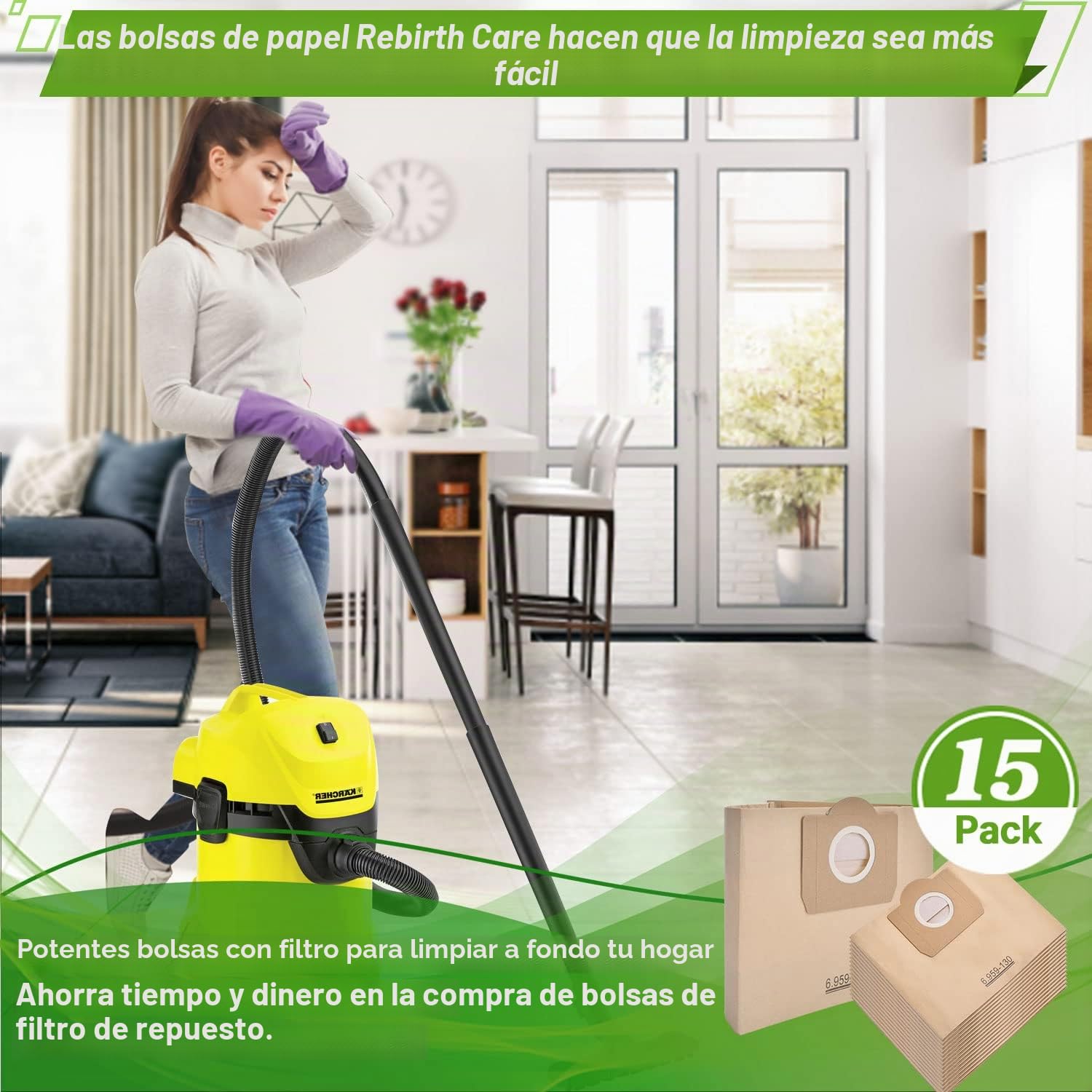 Rebirthcare 15 bolsas de aspiradora para Karcher 6.959-130.0 para WD 3 MV 3 bolsas de papel Wet & Dry