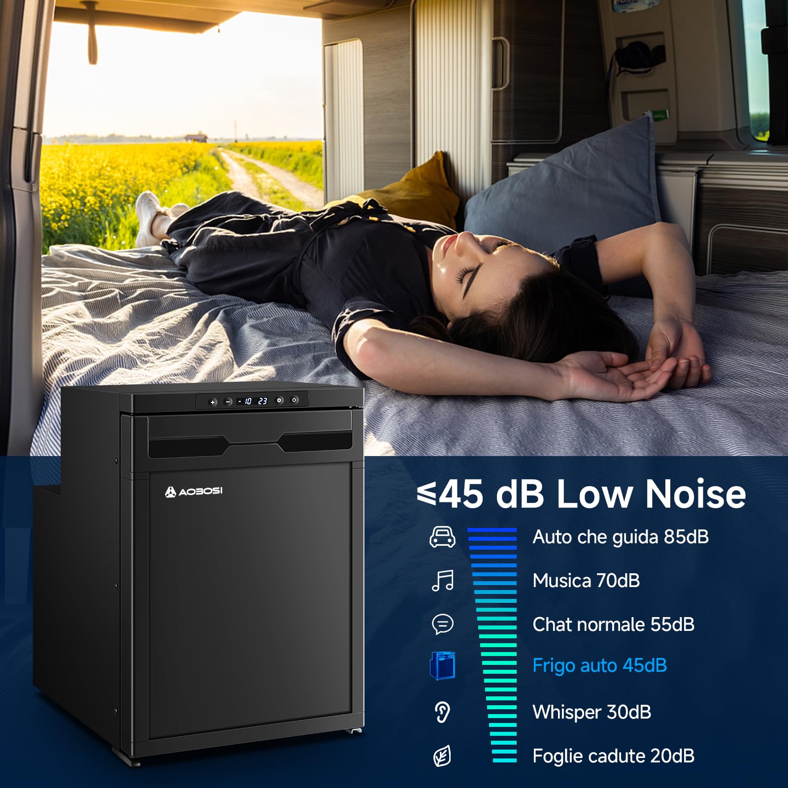 AAOBOSI 45L Frigo Portatile Elettrico, Frigo da Campeggio con APP, 12V/24V | Due Zone, Luci LED, Fino a -20°C, Frigorifero Portatile, per Auto, Camion, SUV, Camper, Barche, Campeggio e Viaggi