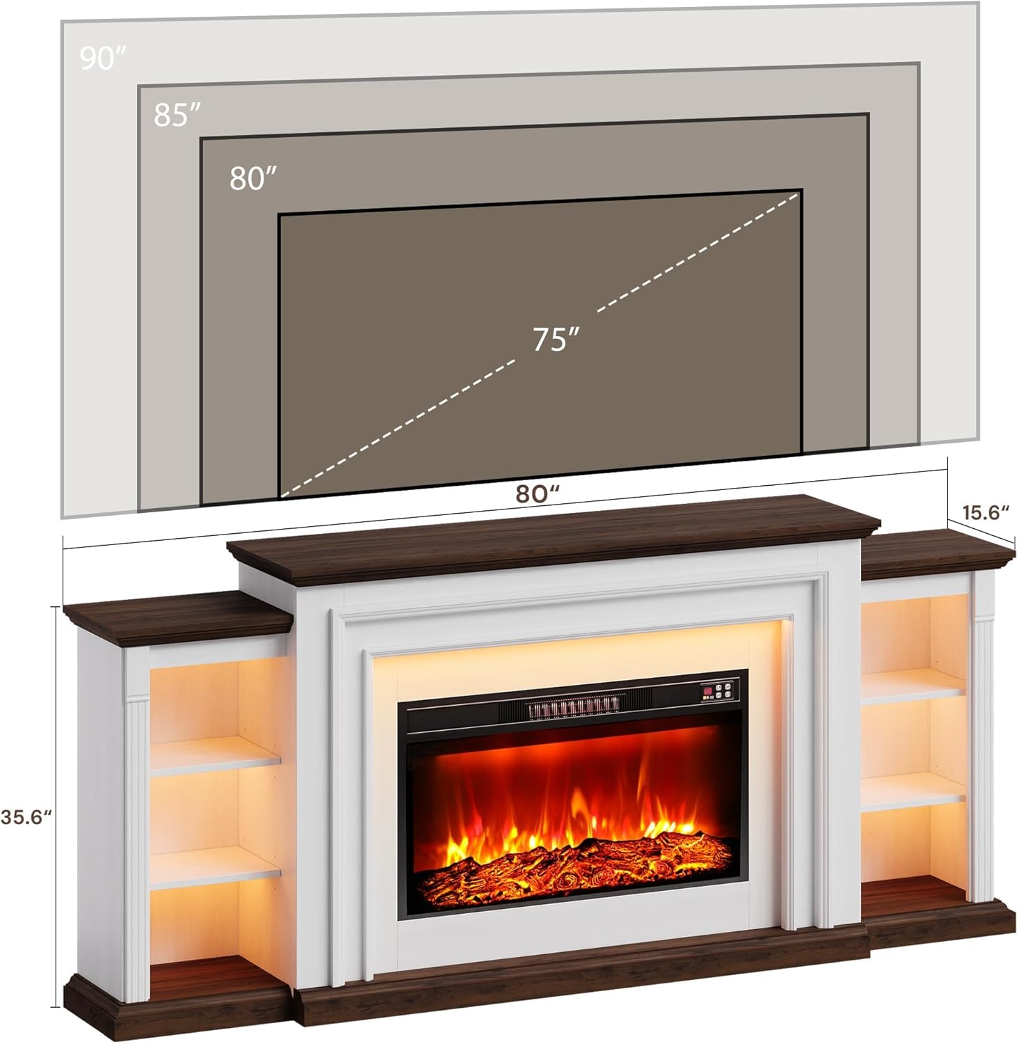 80" Modern Electric Fireplace TV Stand for TVs Up to 90", Entertainment Center with Mantel, Freestanding Heater, Adjustable Flame, Remote Control, LED Light, Stylish Storage for Living Room - Image 3