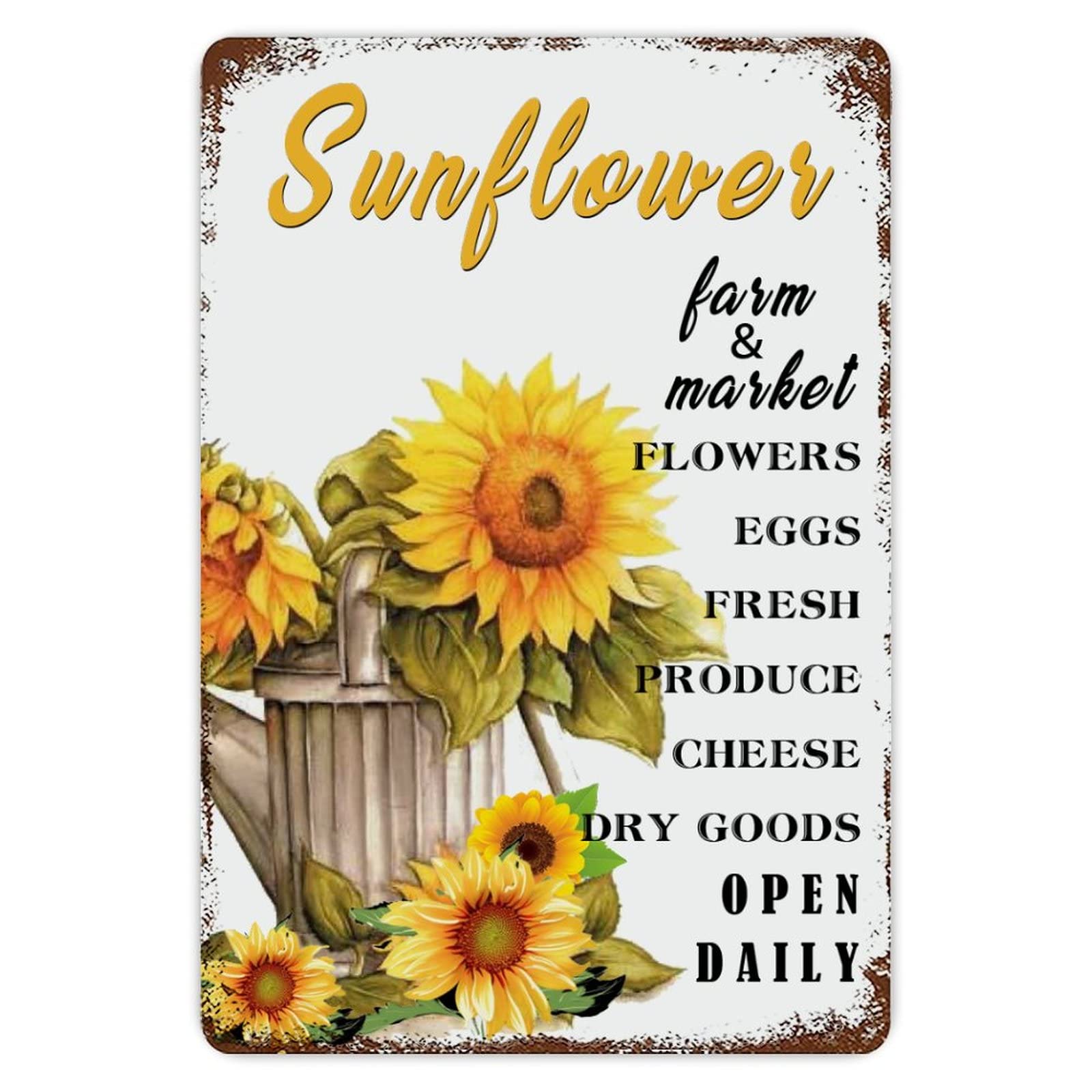 ENEDNATE Rustic Aluminum Sign Sunflower Farm Sign Flowers Eggs Fresh Open Daily Tin Metal Sign Retro Home Kitchen Room Wall Door Hanger Decor Sign 8x12 inch