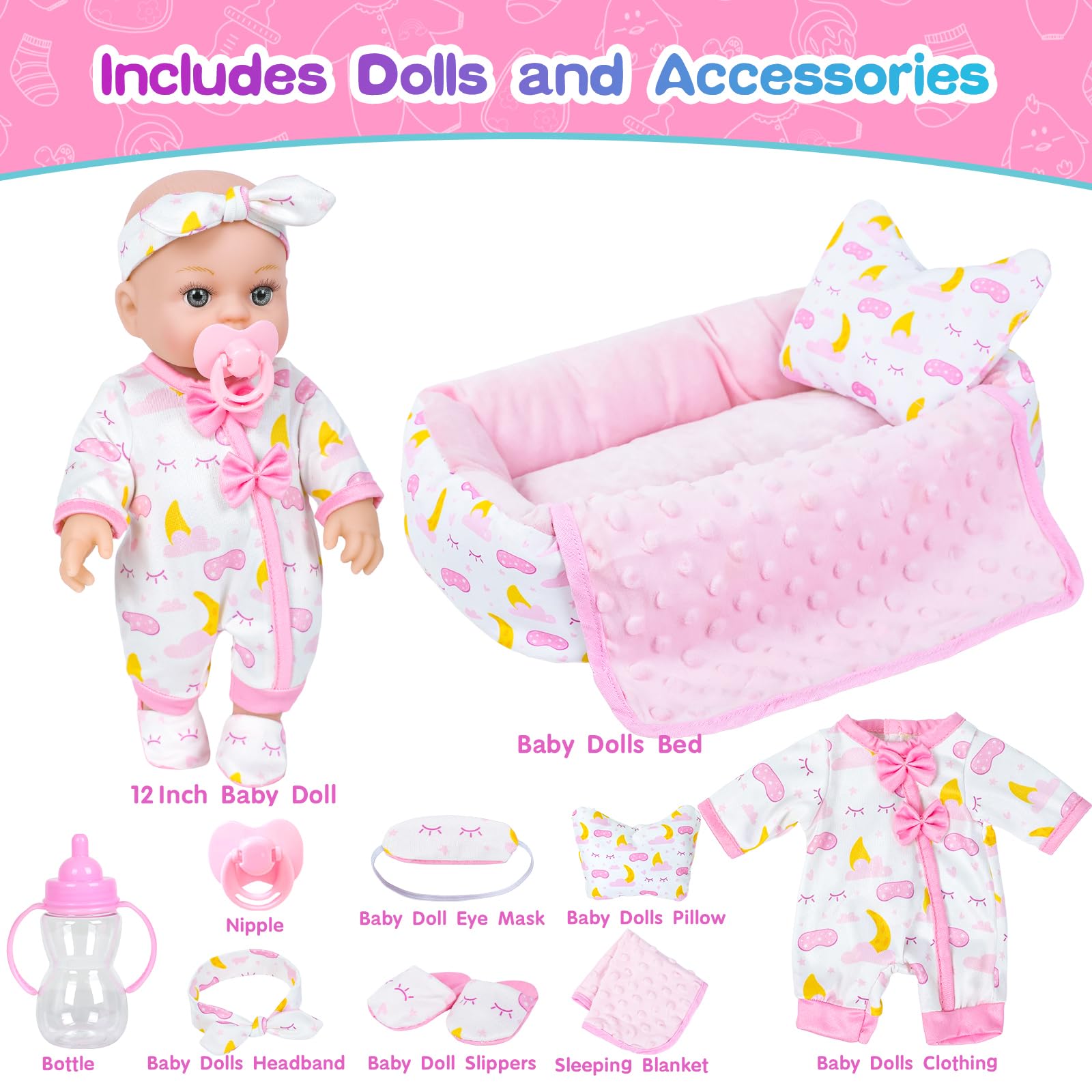 12 Inch Baby Doll Crib Playset with Dolls Clothes and Accessories Including Soft Sleep Bassinet Bed, Bottles, Nipple, Eye Mask, Slippers, Blanket, Pillow, Gift Idea for Ages 3+