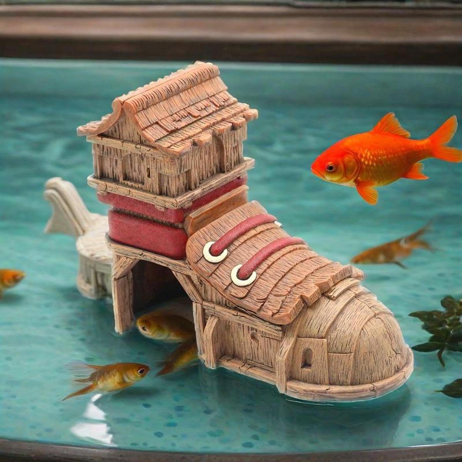 Decorazione per Acquario, Scultura in Grotta per Betta, Accessori subacquei, Moderna e realistica, Decorazione per Acquario in Resina con Scarpe.