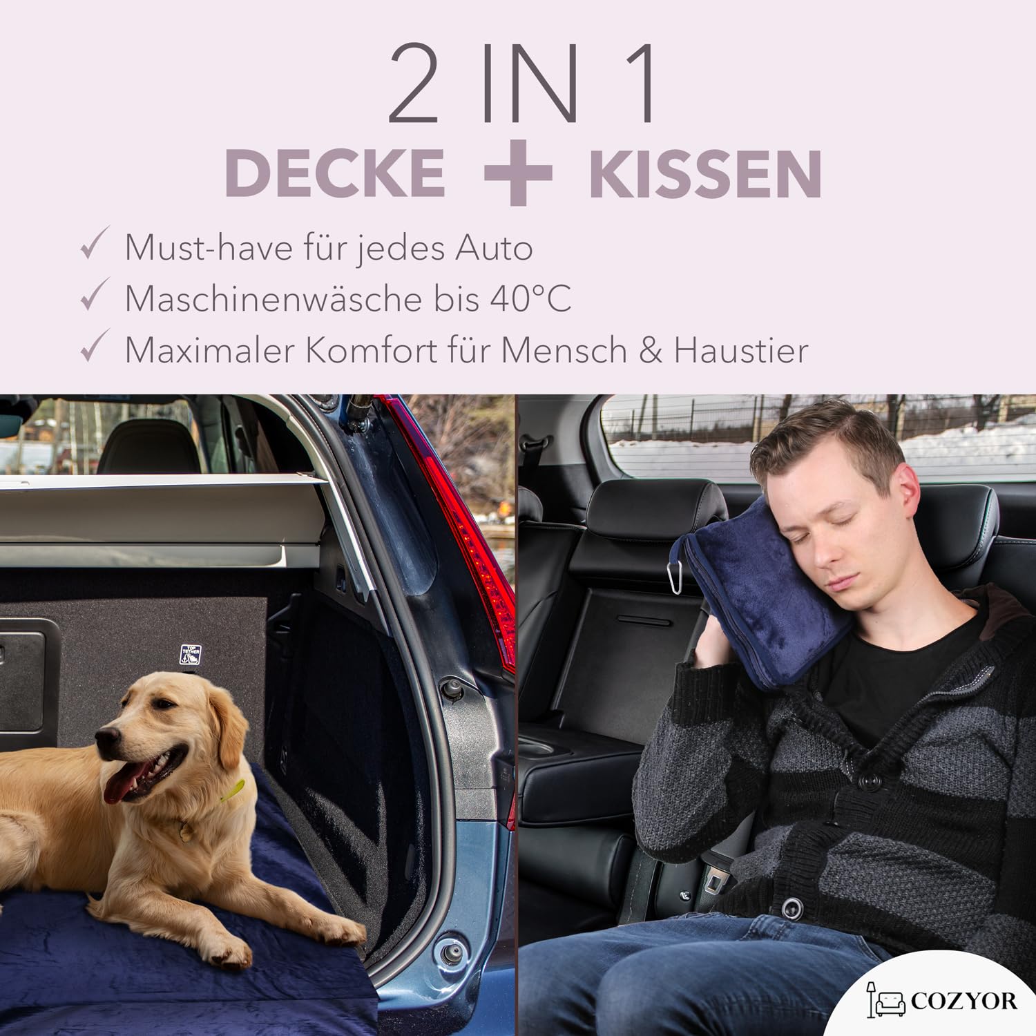 Cozyor Reiseset 2-teilig: Nackenkissen + Reisekissen & Reisedecke 2 in 1 mit Hülle - Ultraleicht & kompakt mit Rucksack-Clip und Kofferbefestigung, Flugzeugdecke 170x100 cm Bahn Auto Flugzeug