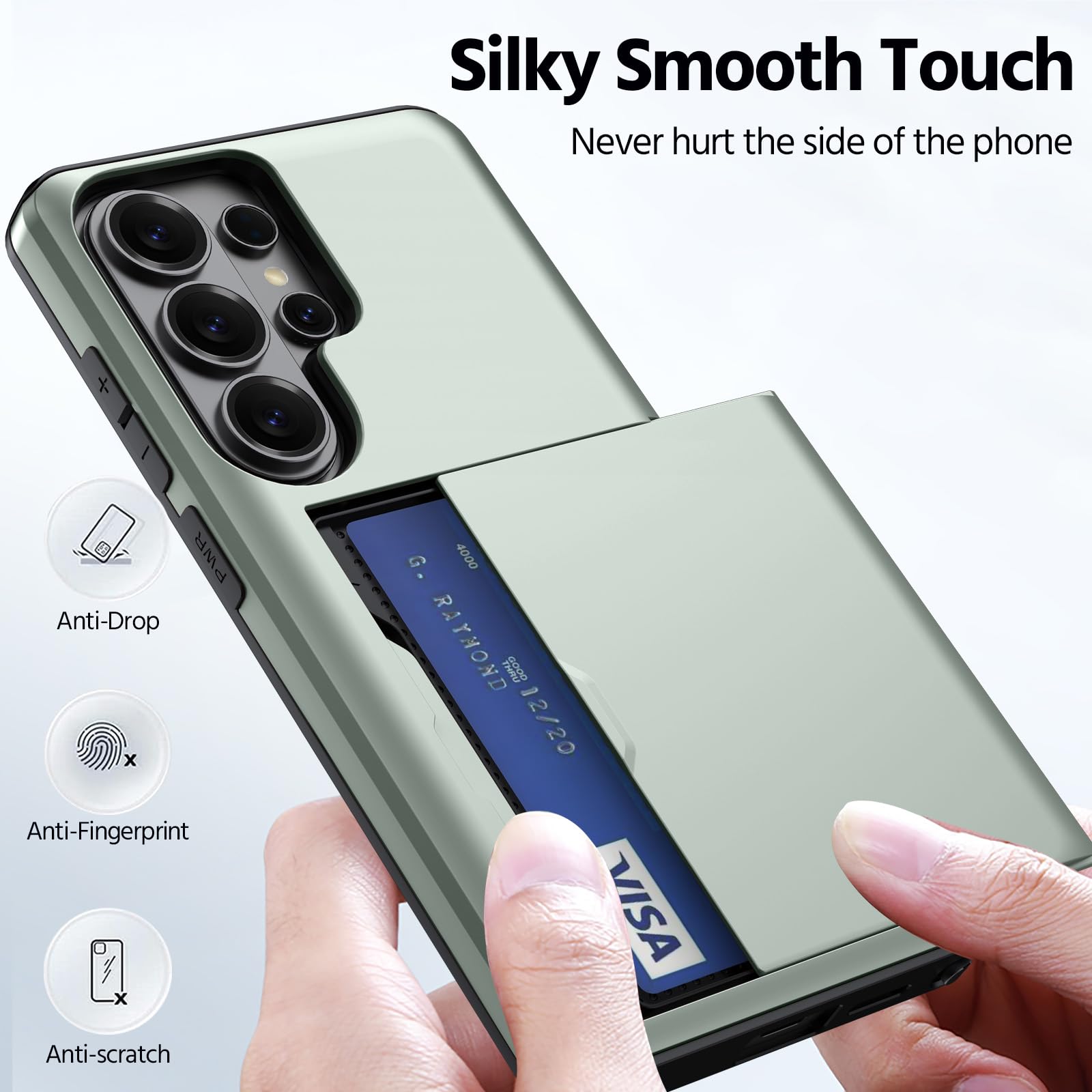 Etui do iPhone 13 Mini 5.4 z ukrytym schowkiem na kartę, pancerne etui z twardego PC miękkiego TPU, smukłe matowe etui z przesuwną kieszenią na 1-2 karty Ciemnozielony