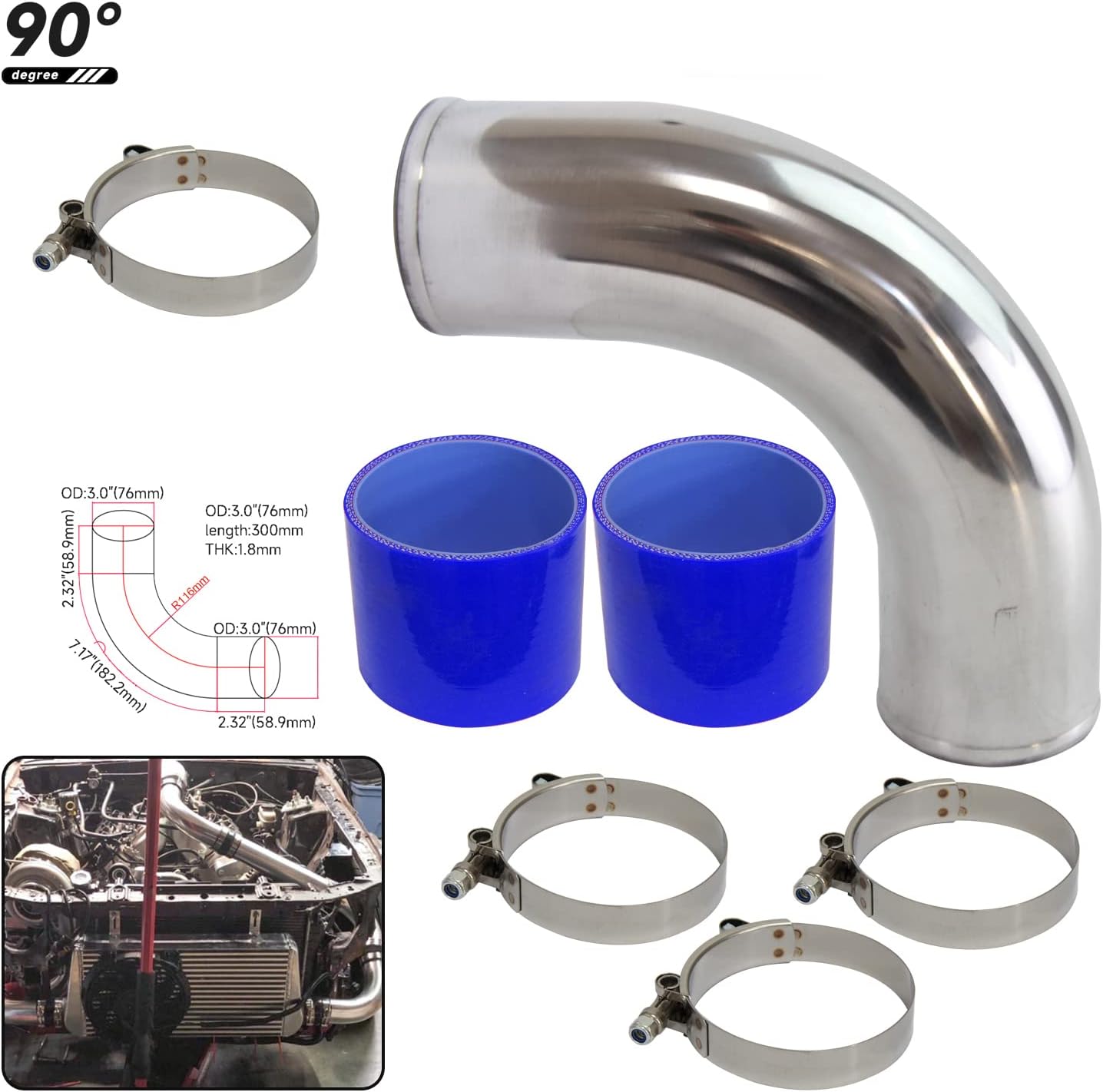 Universal 3" 90 Degree Aluminum Piping Turbo Intercooler Pipe Kit