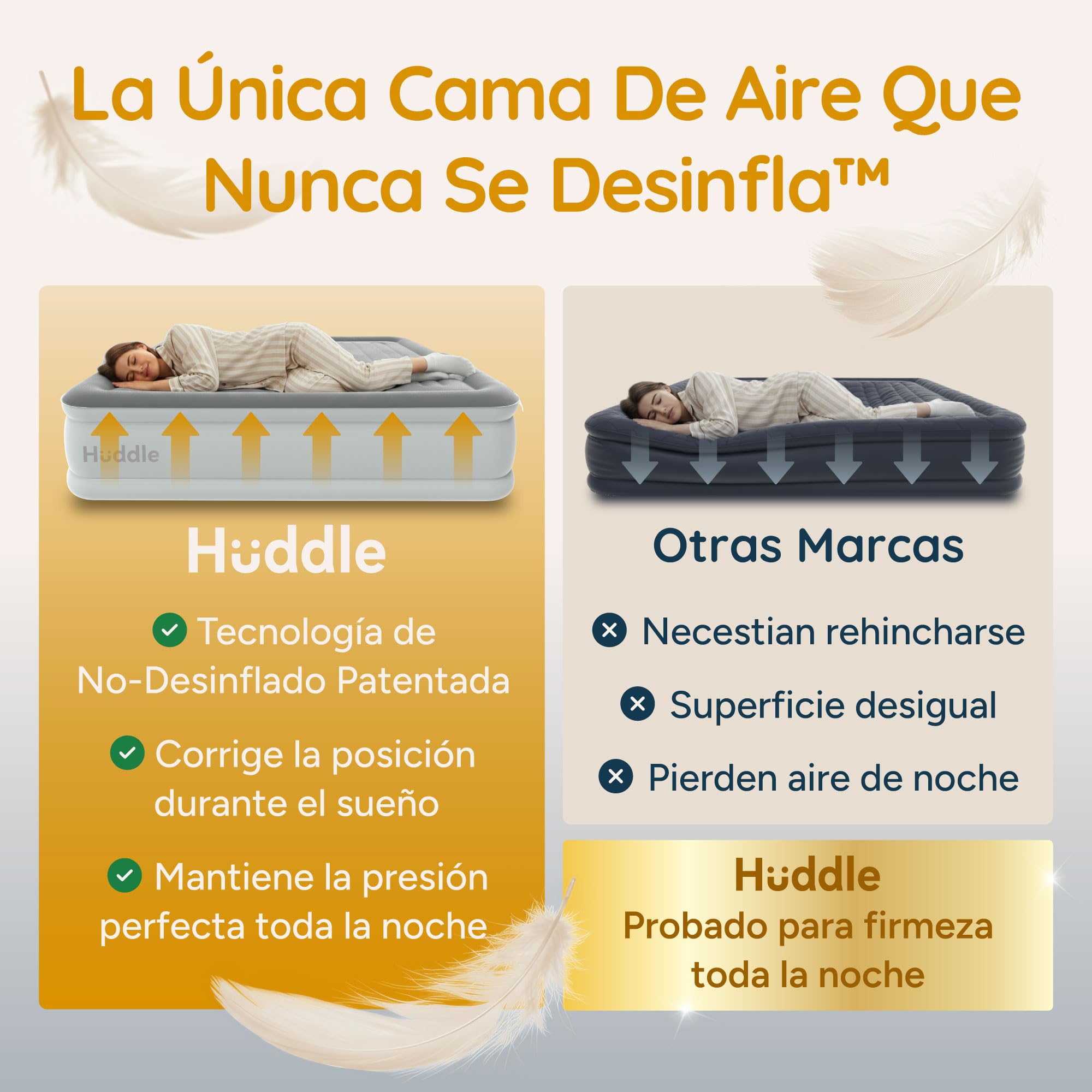 Huddle Never Deflate™ Luxury Colchón Inflable King Size, Ganador del Good Housekeeping 2025, con Hinchador Dual SlumberGuard™, firmeza Ajustable, Bomba integrada y luz Nocturna USB.