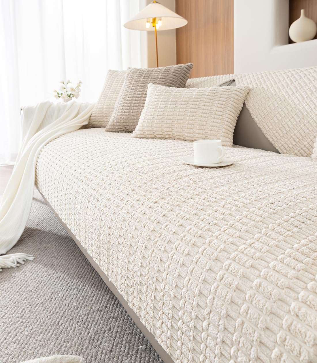 vctops Striped Corduroy Solid Couch Cover Sofa Covers Soft Cozy Sectional Couch Cover Washable Non Slip Sofa Slipcover Furniture Protector (Cream,36