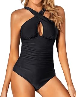 Tempt Me Women One Piece Swimsuits Front Cross Keyhole Tummy Control Backless Bathing Suit, Black, X-Small Price In India