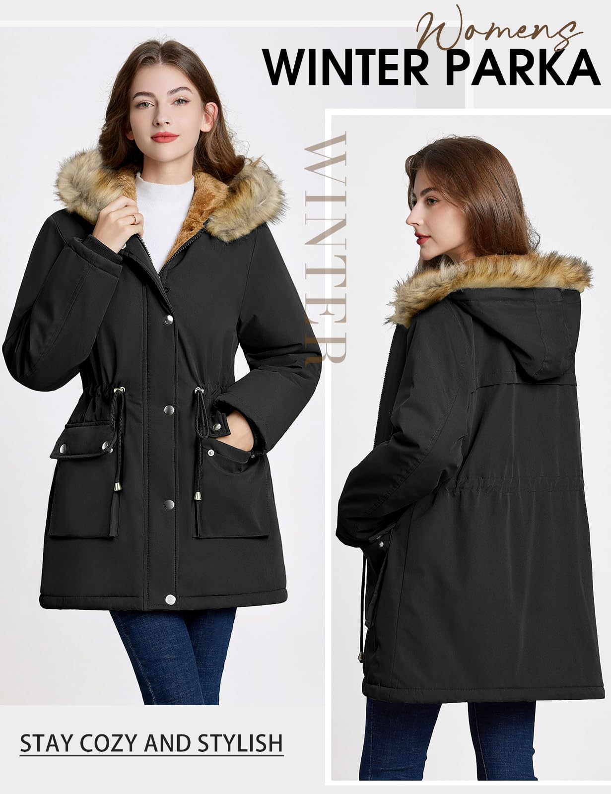Lonya Cappotto Donna Invernale Parka Elegante Giubbotto Idrorepellente Trench Cappotti Lungo Giacca con Cappuccio