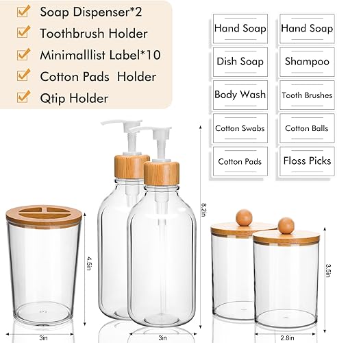 Miniatura 2 de Juego de accesorios de baño de bambú, 5 piezas, juegos de accesorios de baño transparentes, dispensador de jabón, soporte para cepillos de dientes,
