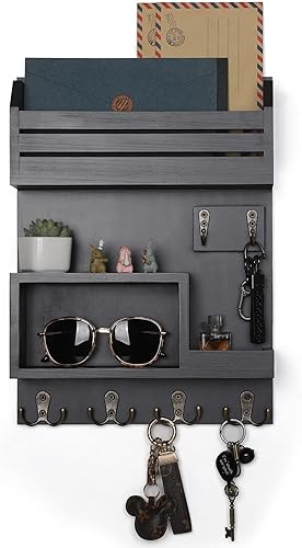 Miniatura 8 de Soporte para llaves de pared, organizador de correo montado en la pared con 6 ganchos de metal para llaves, estantes para decoración de entrada del