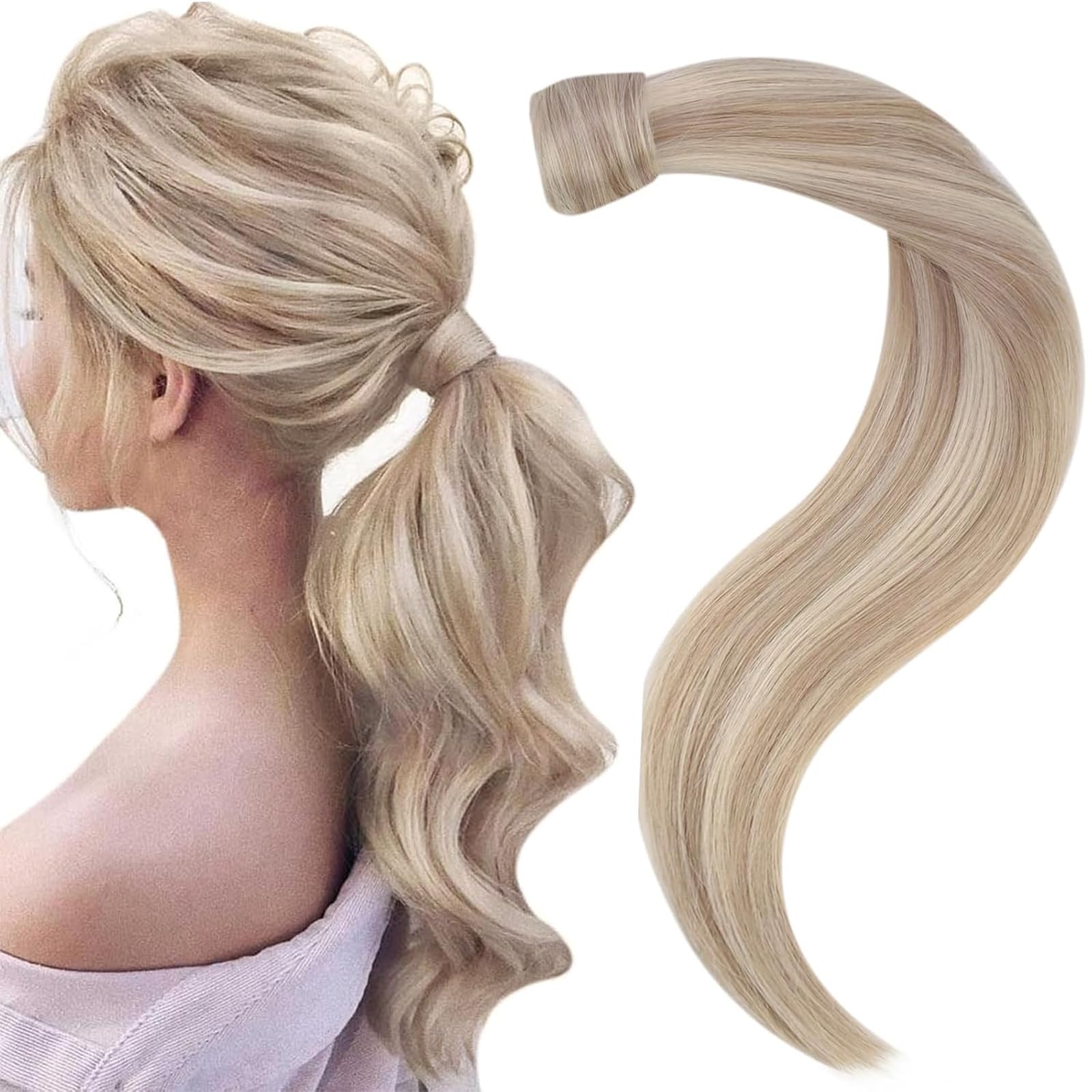 Easyouth Human Hair Ponytail Blonde 16 Inch Ponytail Extension Ash Blonde Highlight Bleach Blond Ponytail Hair Extensions 80g Human Hair Ponytail Extension Can't Cause Damage to Natural Hairs