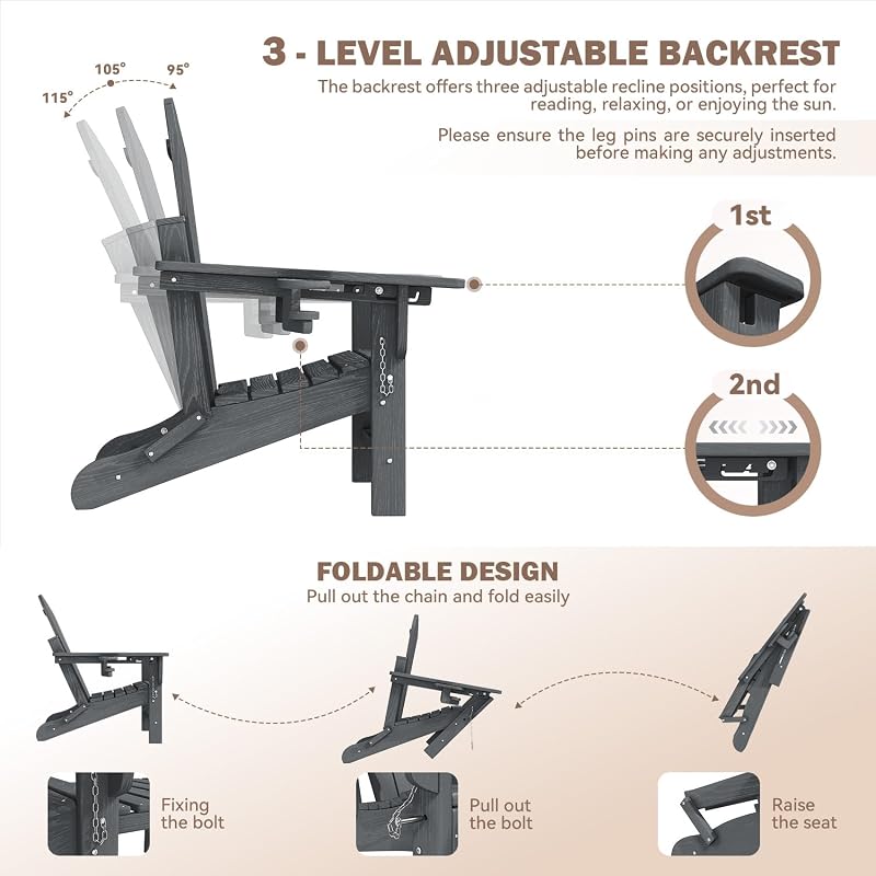 Mdeam HDPE Folding Adirondack Chair, 3-Position 400 lbs 2 Cup Holders, Grey image 4