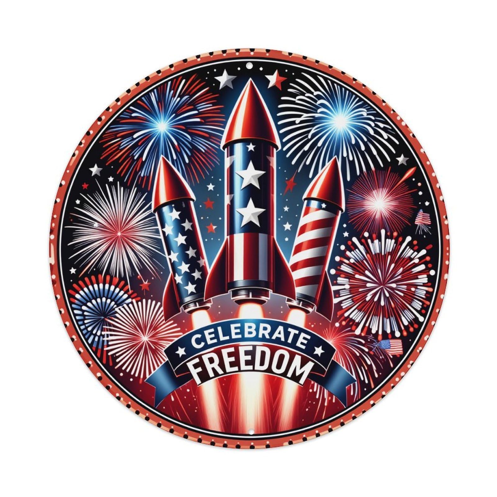 Fireworks Rockets Stars Freedom Banner Round Tin Sign Vintage Metal Poster, Home Bar Garage Man Cave Cafe Indoor & Outdoor Wall Decoration 8x8Inches