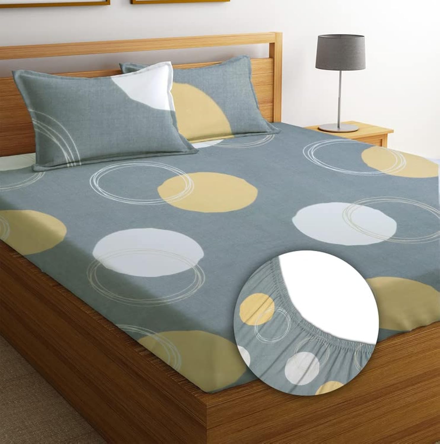 BSB Home Premium 100% Microfiber Elastic Fitted Bedsheets with 2 Pillow Covers | Double Bed with All Around Elastic 180 TC Supersoft | for 78x72+10 Mattress (Polkadot, White & Grey)