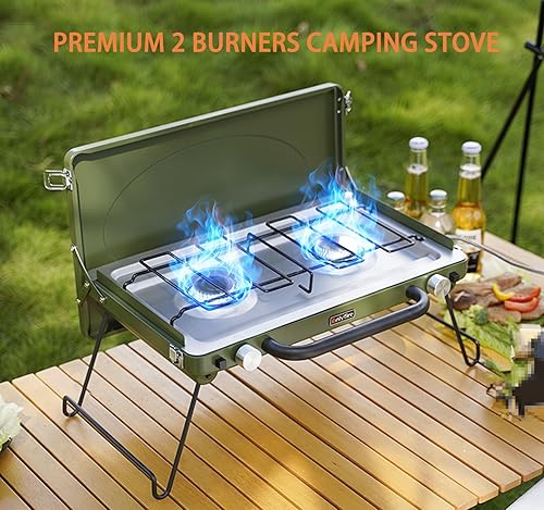 Miniatura 5 de ONLYFIRE OUTDOOR LIVING Estufa de gas portátil para campamento de 2 quemadores, estufa de propano con patas plegables, pestillo y asa de alta