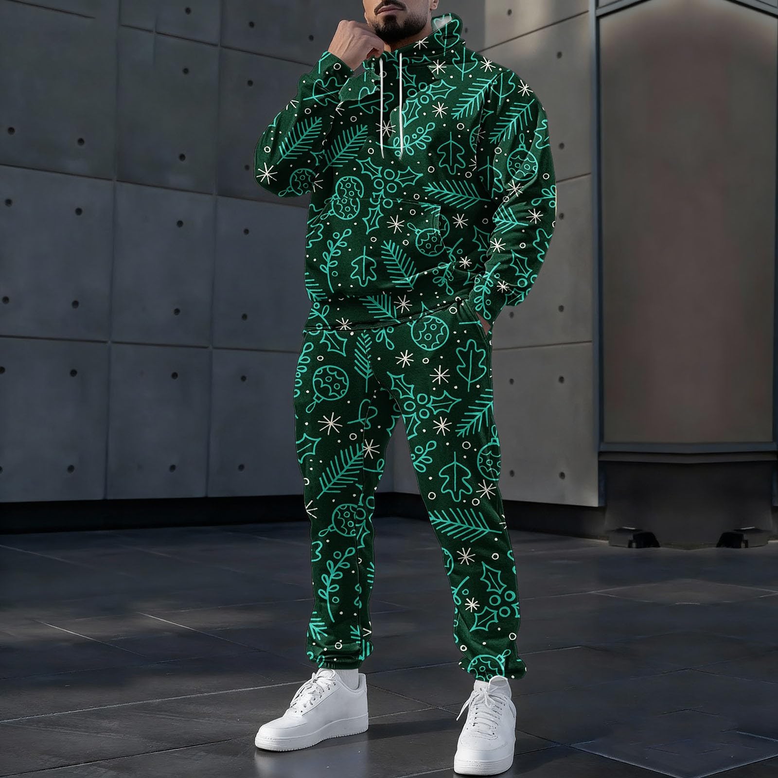 Tuta natalizia da uomo, 2 pezzi, con divertente renna e albero di Natale, oversize, a maniche lunghe, con cappuccio e pantaloni della tuta, set da jogging, abbigliamento sportivo per vacanze, costumi
