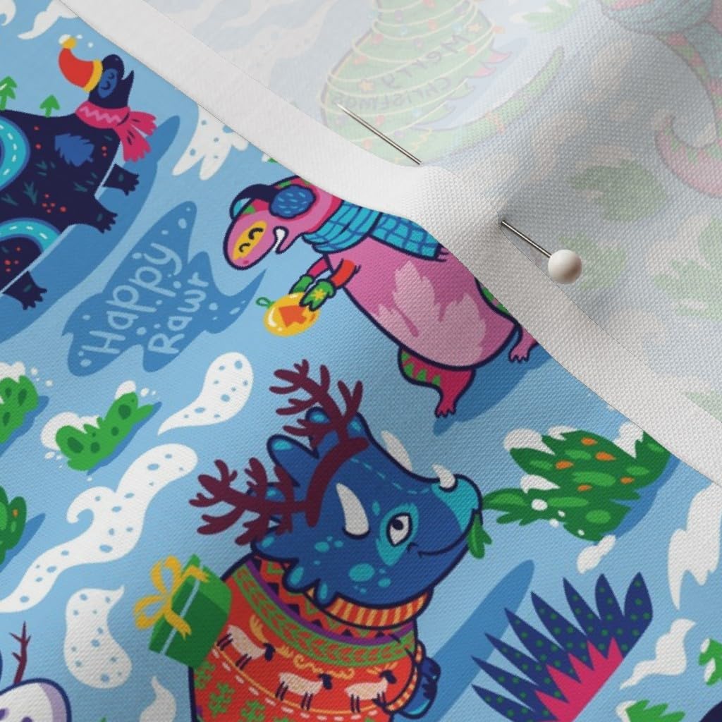 Spoonflower Fabric - Christmas Dinos Snow Winter Illustration Dinosaurs Kids Prehistoric Printed on Petal Signature Cotton Fabric by The Yard - Sewing Quilting Apparel Crafts Decor