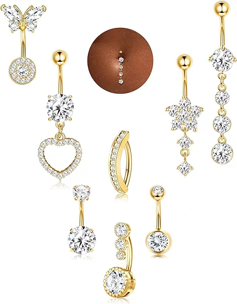 ORAZIO Gold Belly Button Ring Dangle Hypoallergenic Surgical Stainless Steel Belly Rings for Women 14G Belly Button Piercing Cute Navel Ring Belly Piercing Jewelry