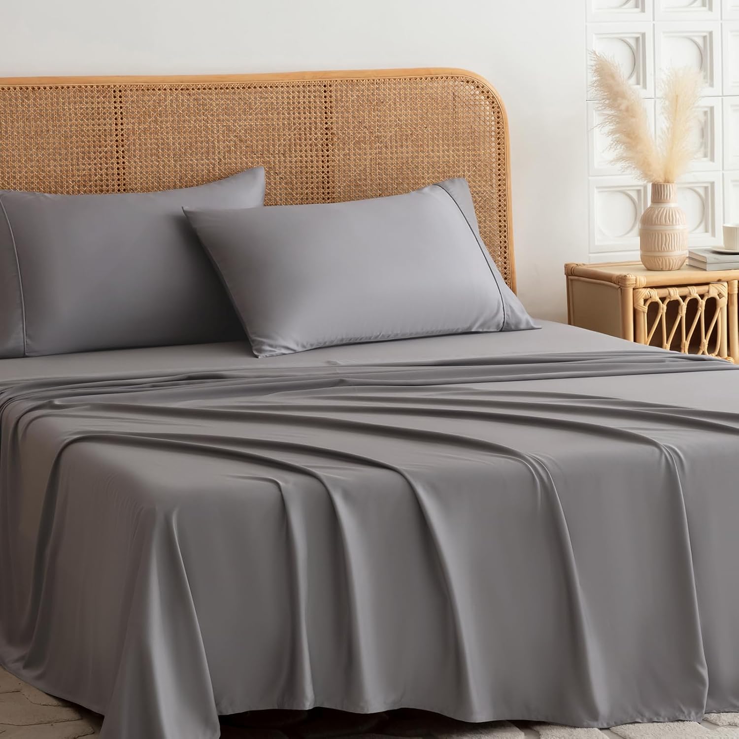 King Bed Sheet Set -Genuine 100% Organic Viscose Derived from Bamboo, Luxuriously Soft & Cooling, Deep Pocket 16" Hotel Bedding Sheet Set Grey