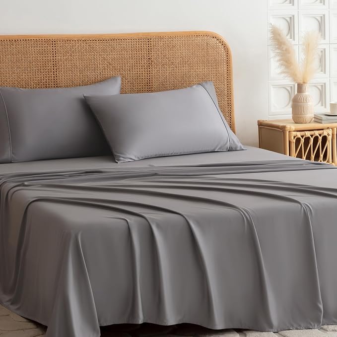 Queen Bed Sheet Set -Genuine 100% Organic Viscose Derived from Bamboo, Luxuriously Soft & Cooling, Deep Pocket 16" Hotel Bedding Sheet Set Grey