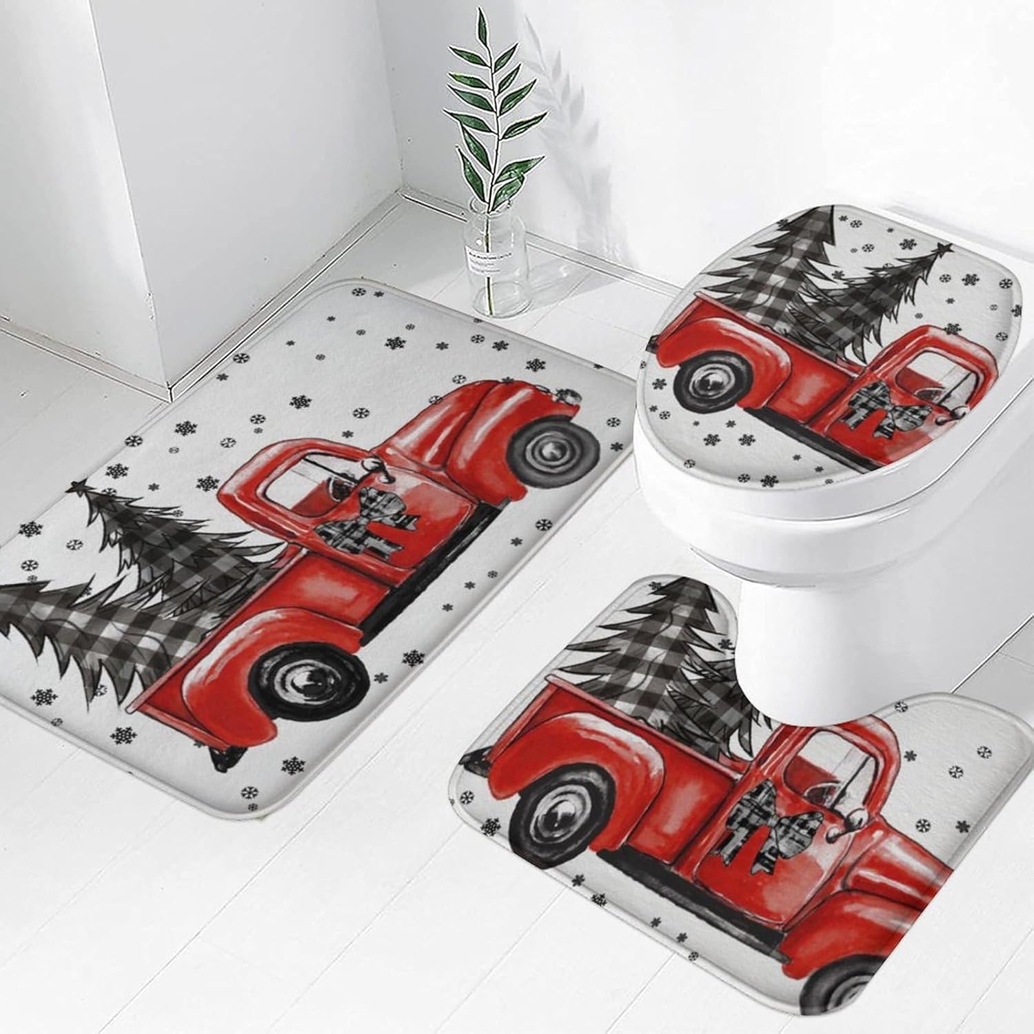 Easternproject 3 Piece Christmas Tree Bath Rug Sets Red
