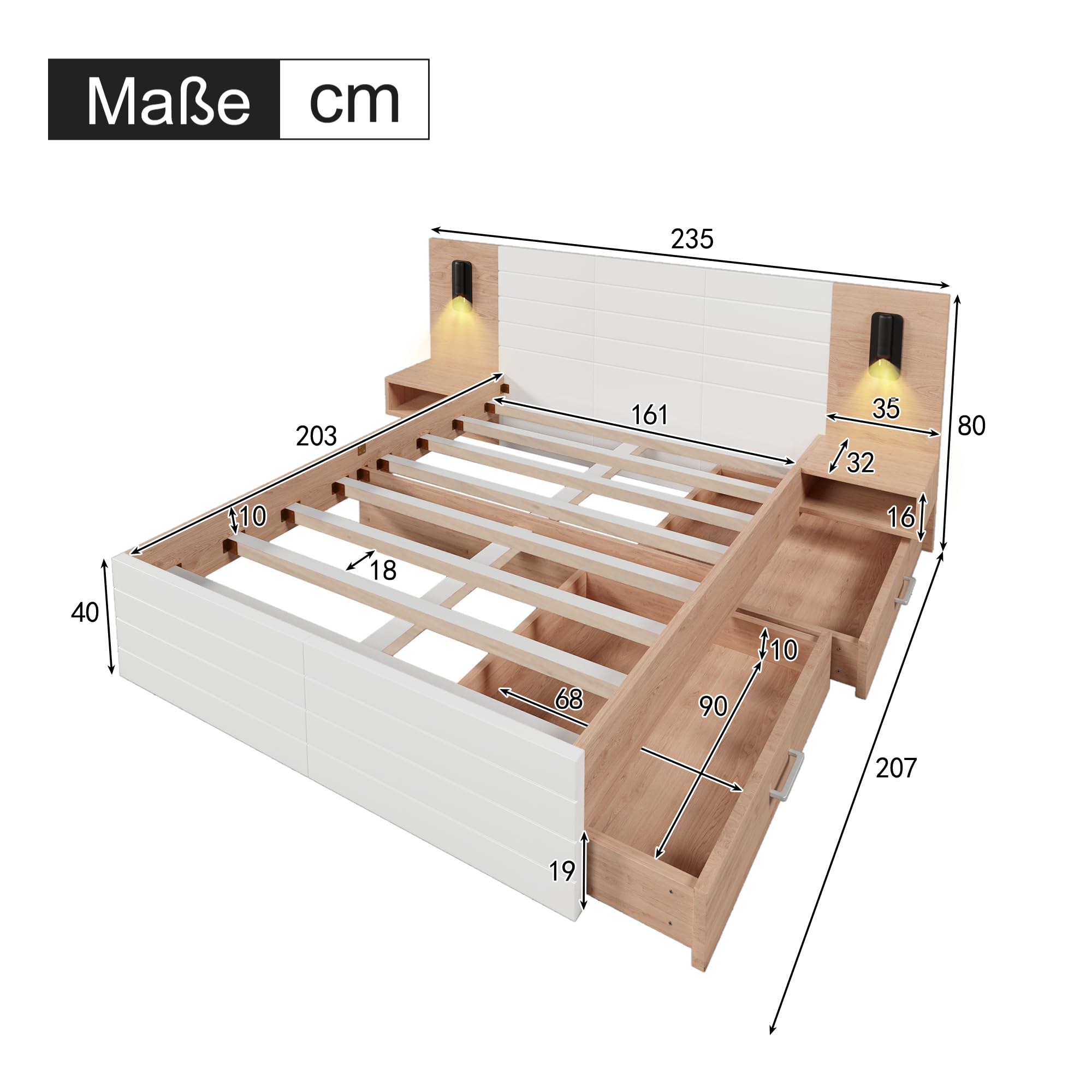 Lit double en bois, 160 x 200 cm, avec 2 tiroirs, lampe de tête de lit, lampe de lecture, avec fonction de charge USB, lit moderne, avec 2 commodes de chevet, cadre de lit et sommier à lattes, 235 x